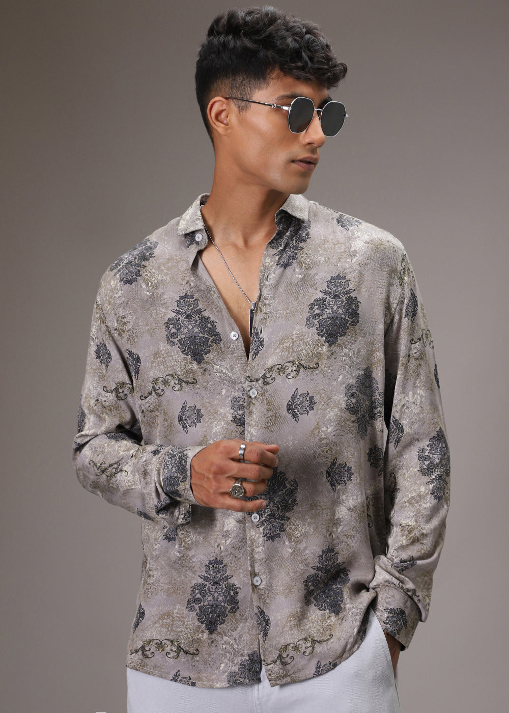 Grey Floral Print Feather Shirt