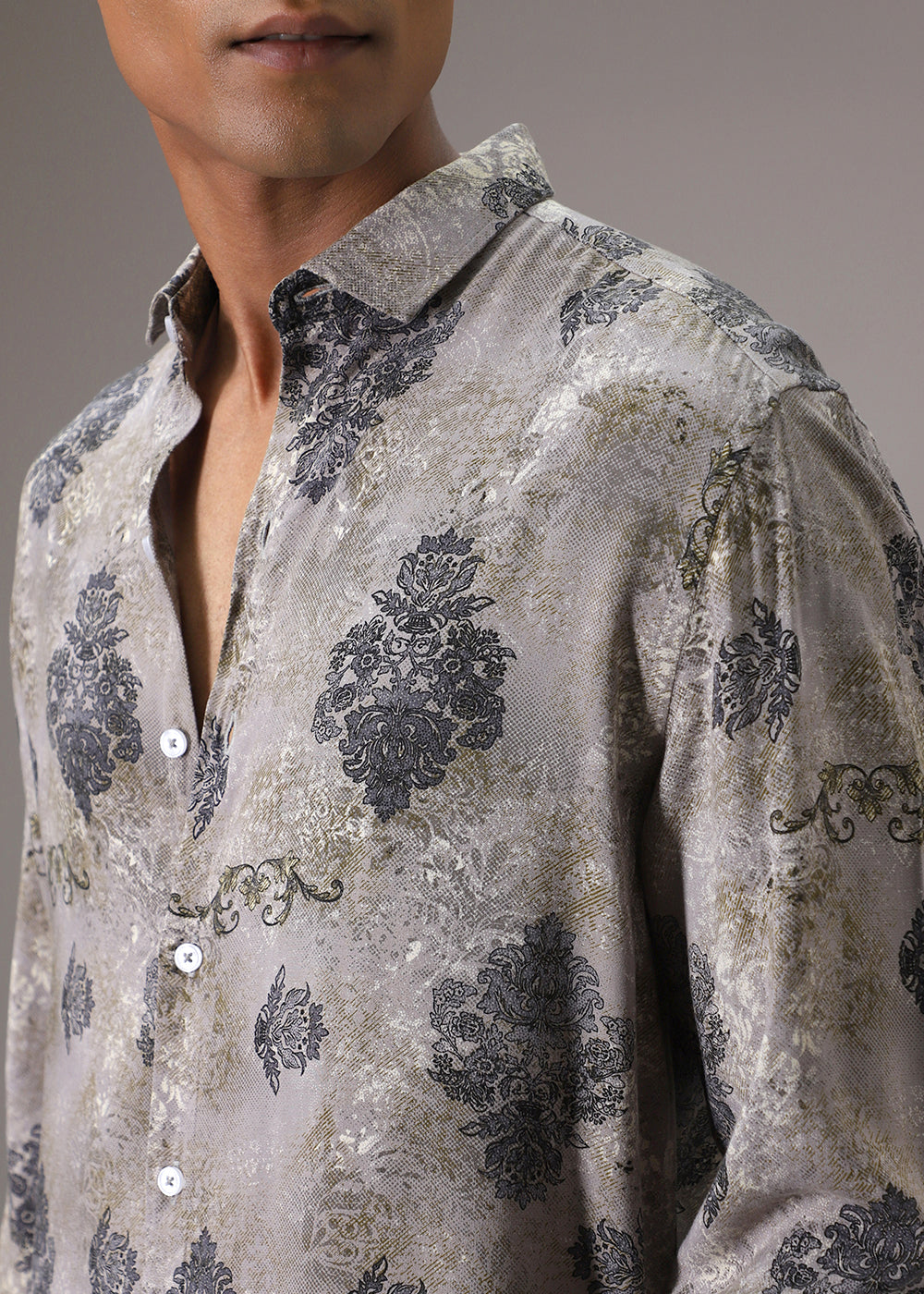 Grey Floral Print Feather Shirt