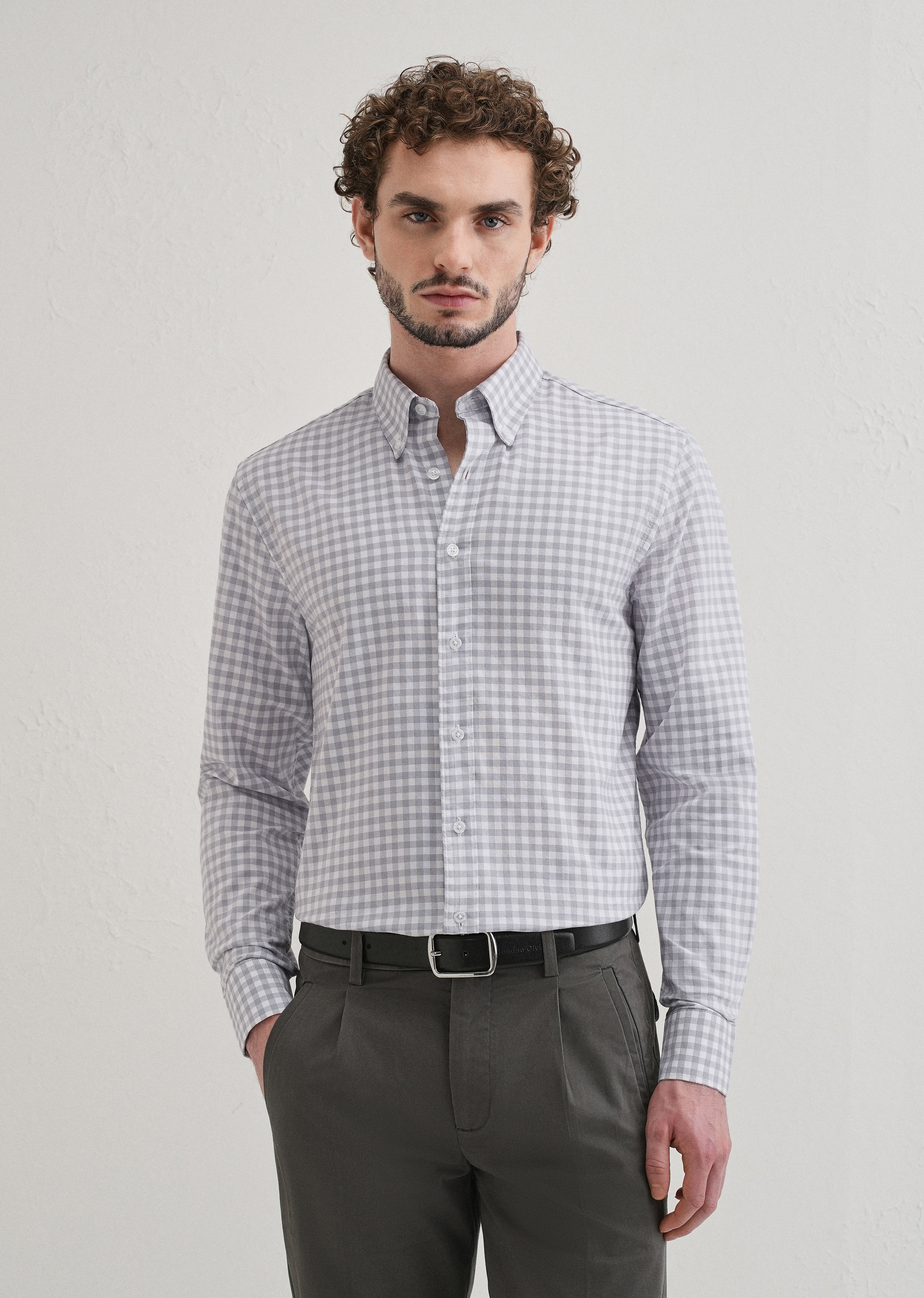 Grey Gingham Check Cotton Oxford Shirt