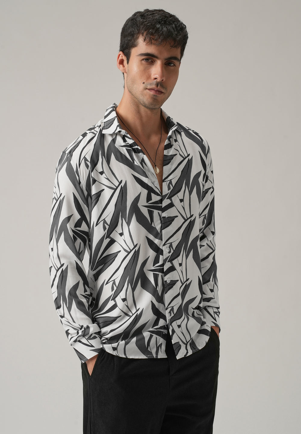 Grey Graphic Leaf Printed Shirt