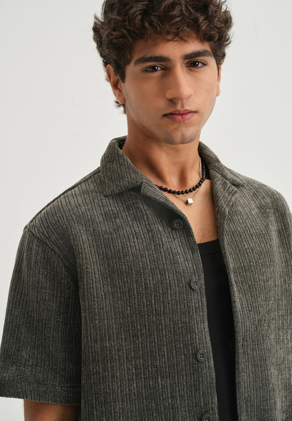Grey Suede Knit Cuban Collar Shirt