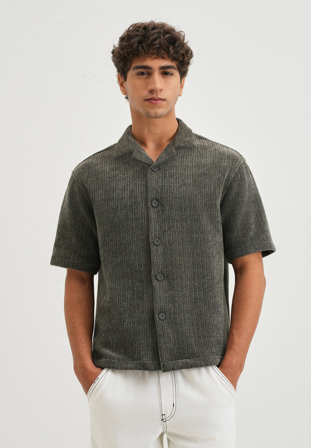 Grey Suede Knit Cuban Collar Shirt