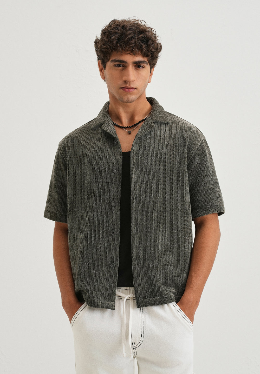Grey Suede Knit Cuban Collar Shirt