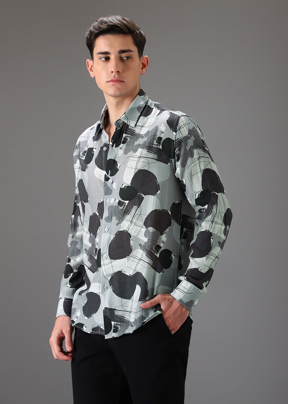 Grey Line Abstract Crushed Printed Shirt