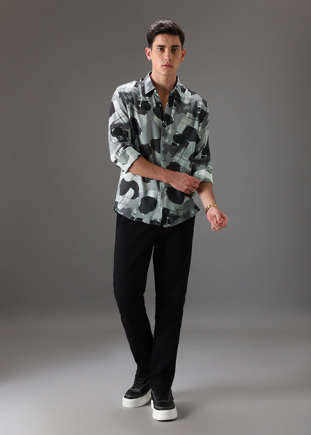 Grey Line Abstract Crushed Printed Shirt