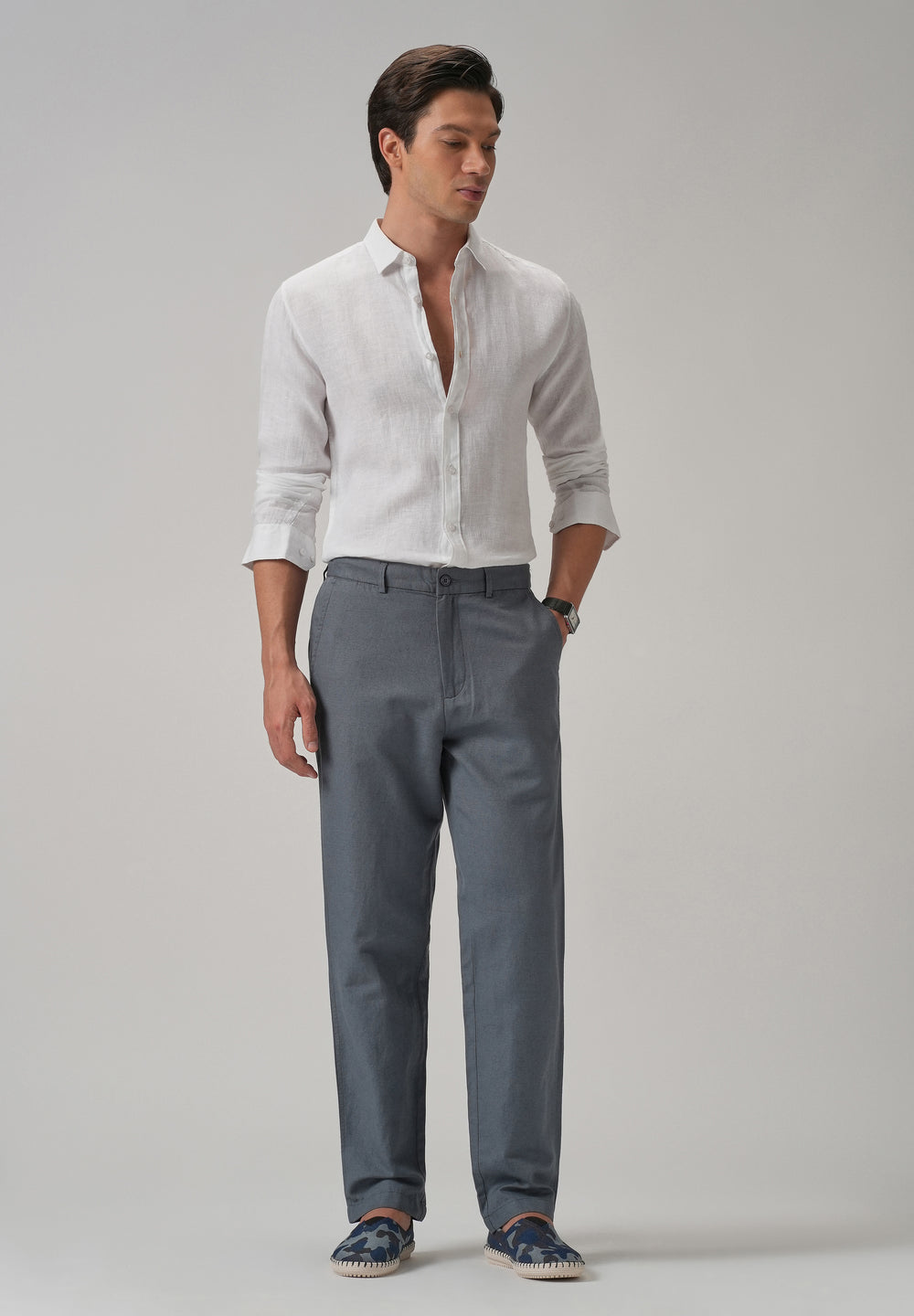 Grey Linen Relaxed Fit Trouser