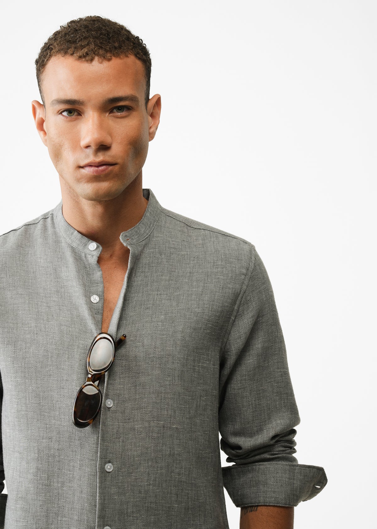 Grey Mandarin Collar Regular Fit Shirt