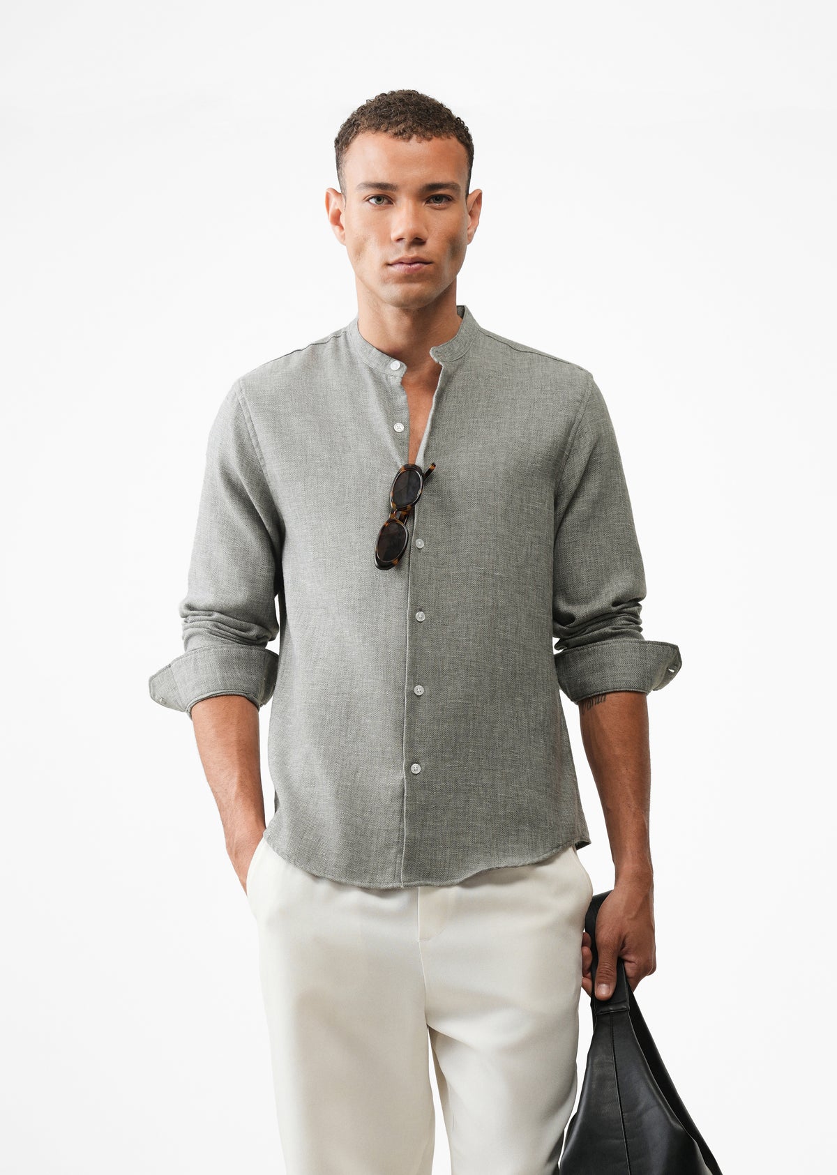 Grey Mandarin Collar Regular Fit Shirt