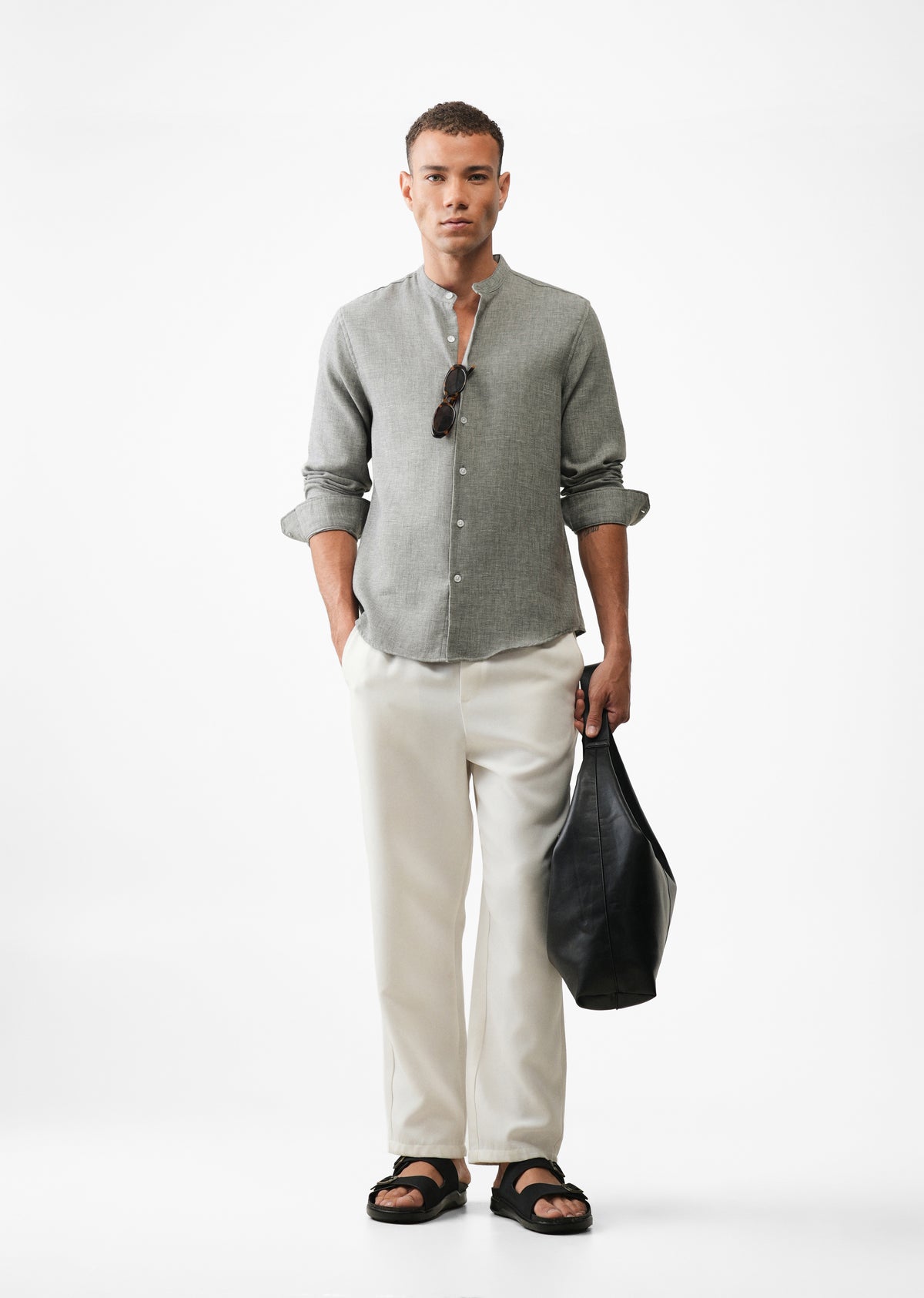 Grey Mandarin Collar Regular Fit Shirt