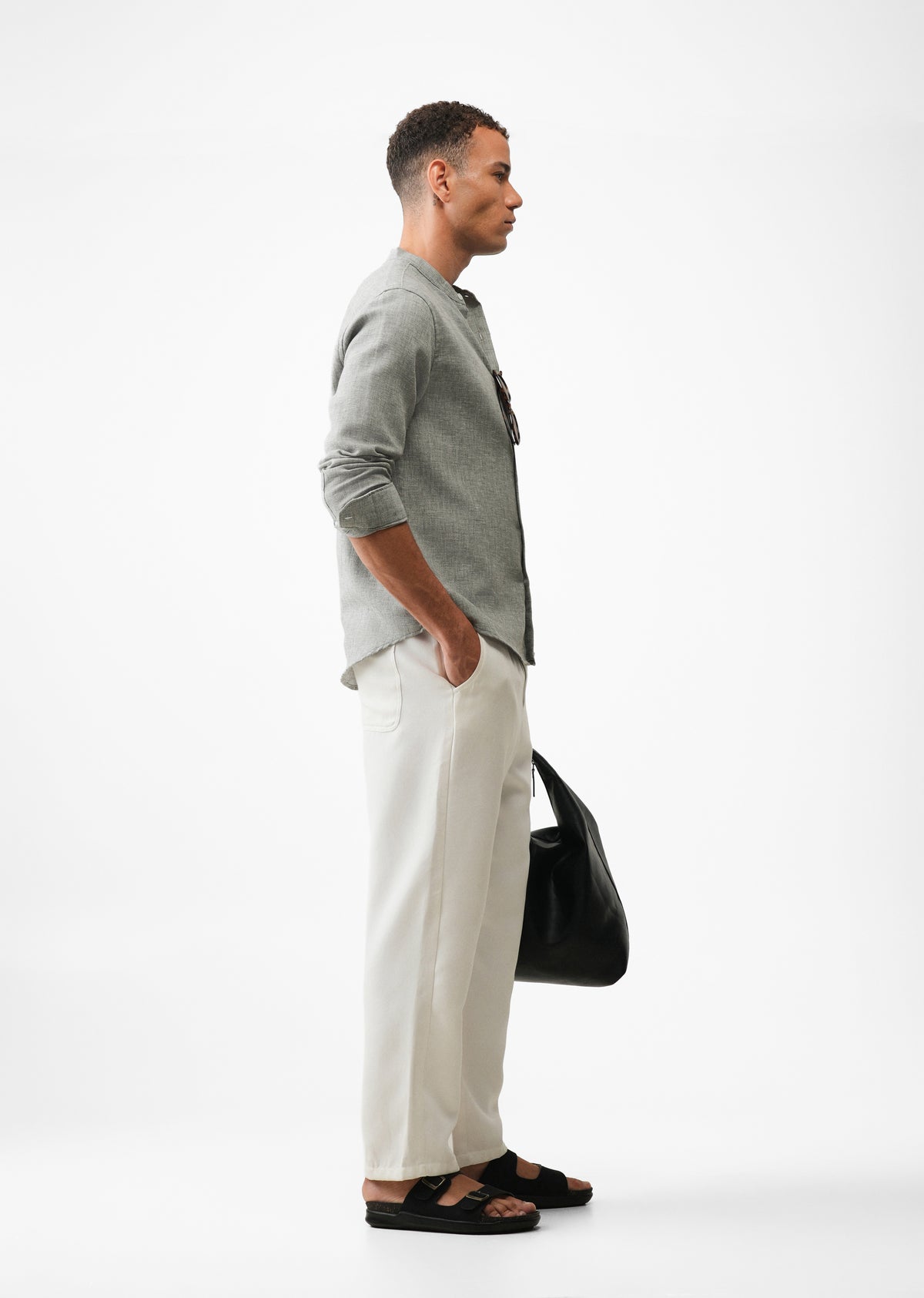 Grey Mandarin Collar Regular Fit Shirt