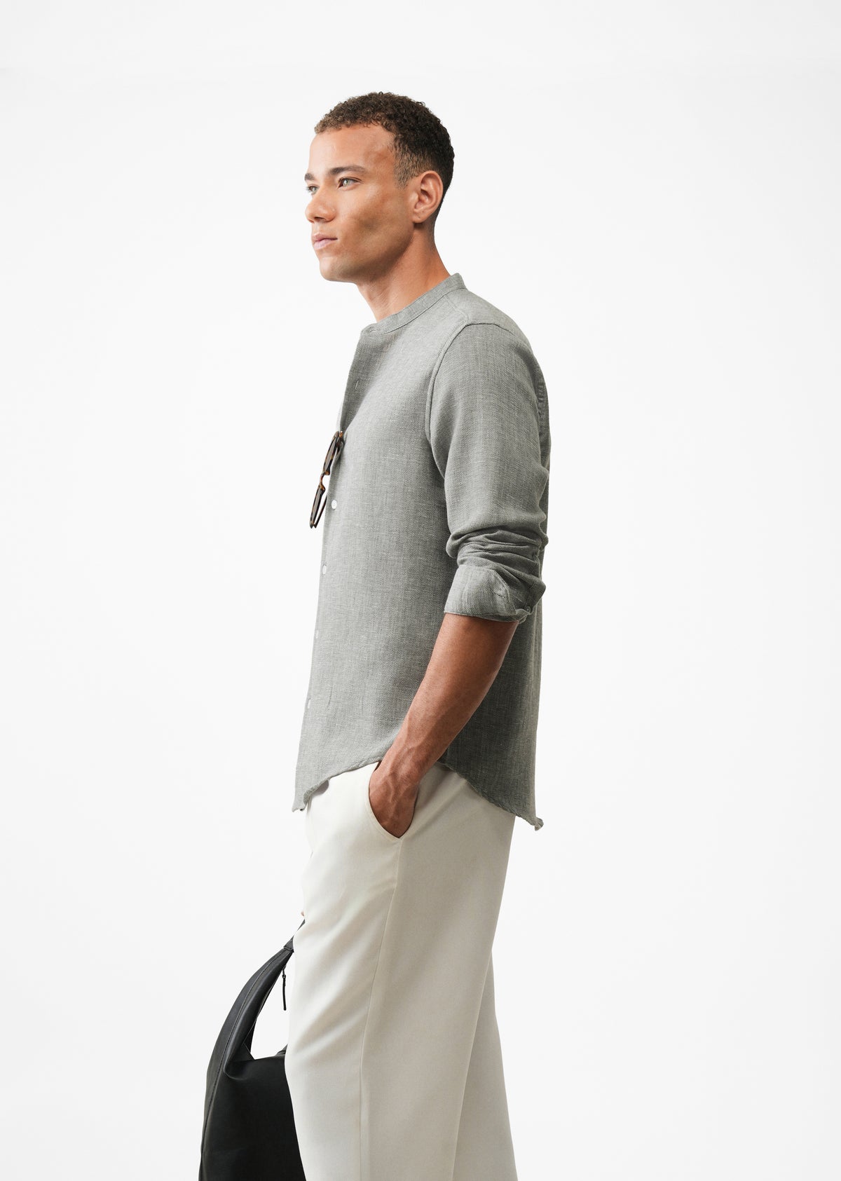 Grey Mandarin Collar Regular Fit Shirt