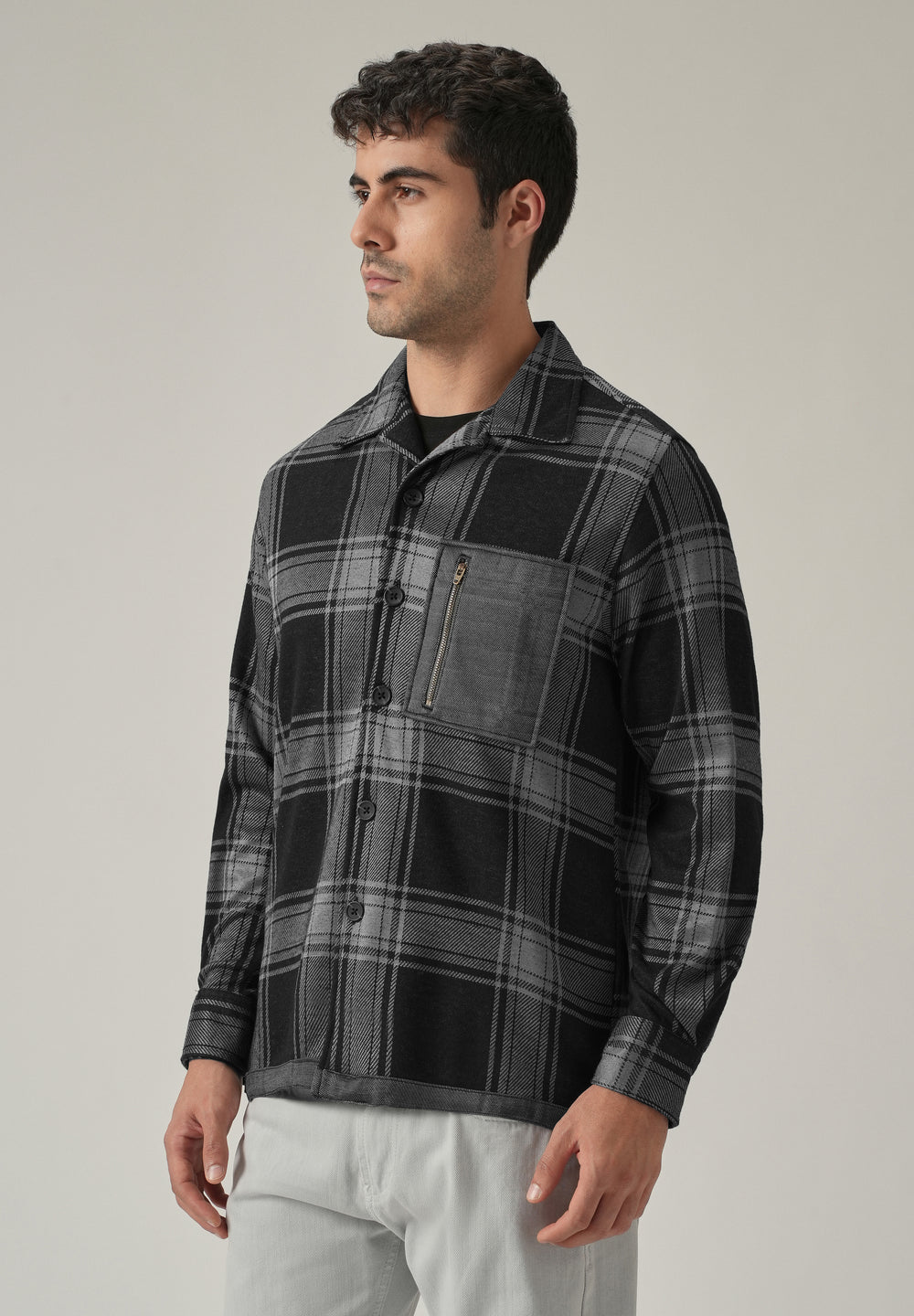Grey Plaid Zip Pocket Shacket