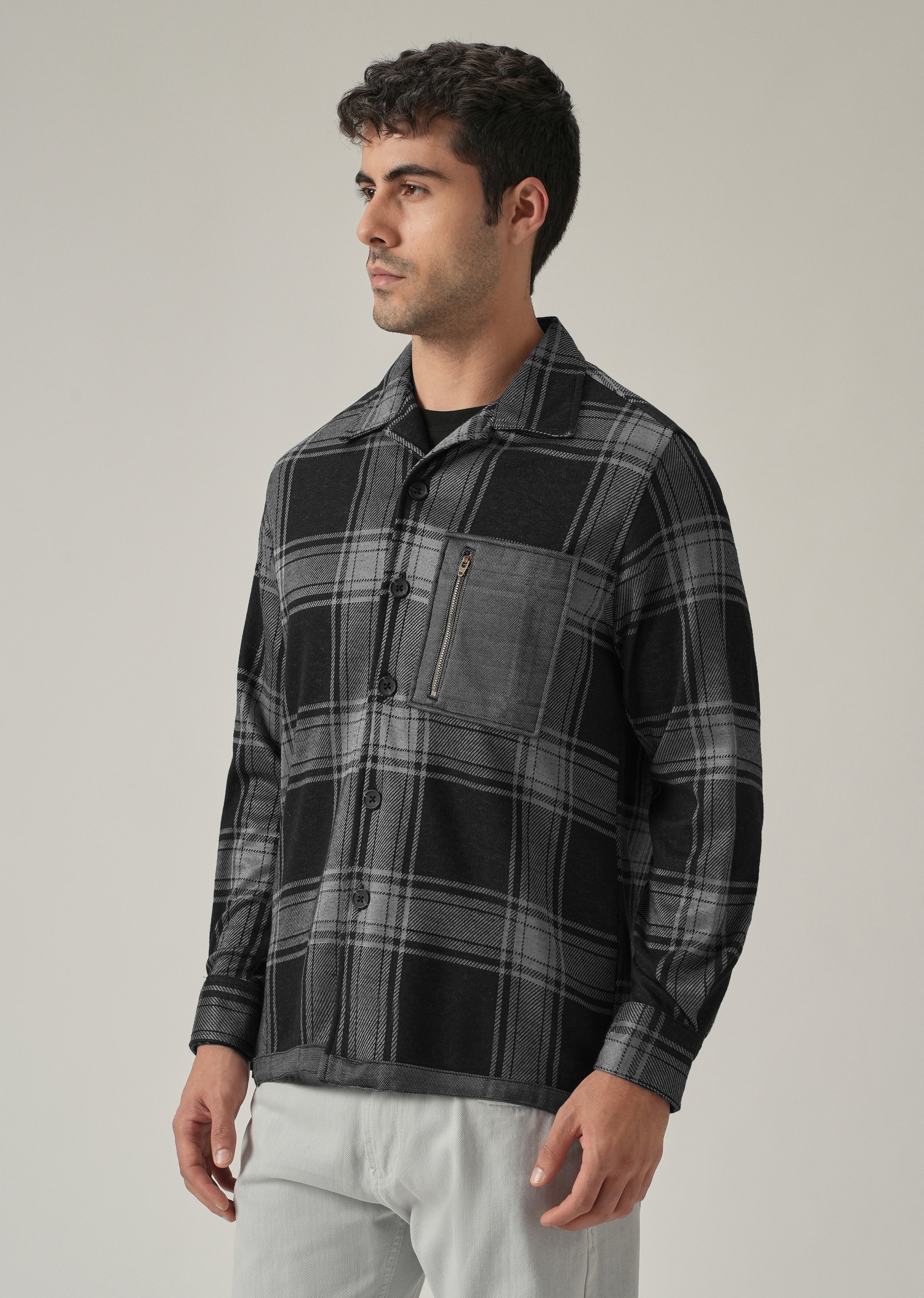 Grey Plaid Zip Pocket Shacket