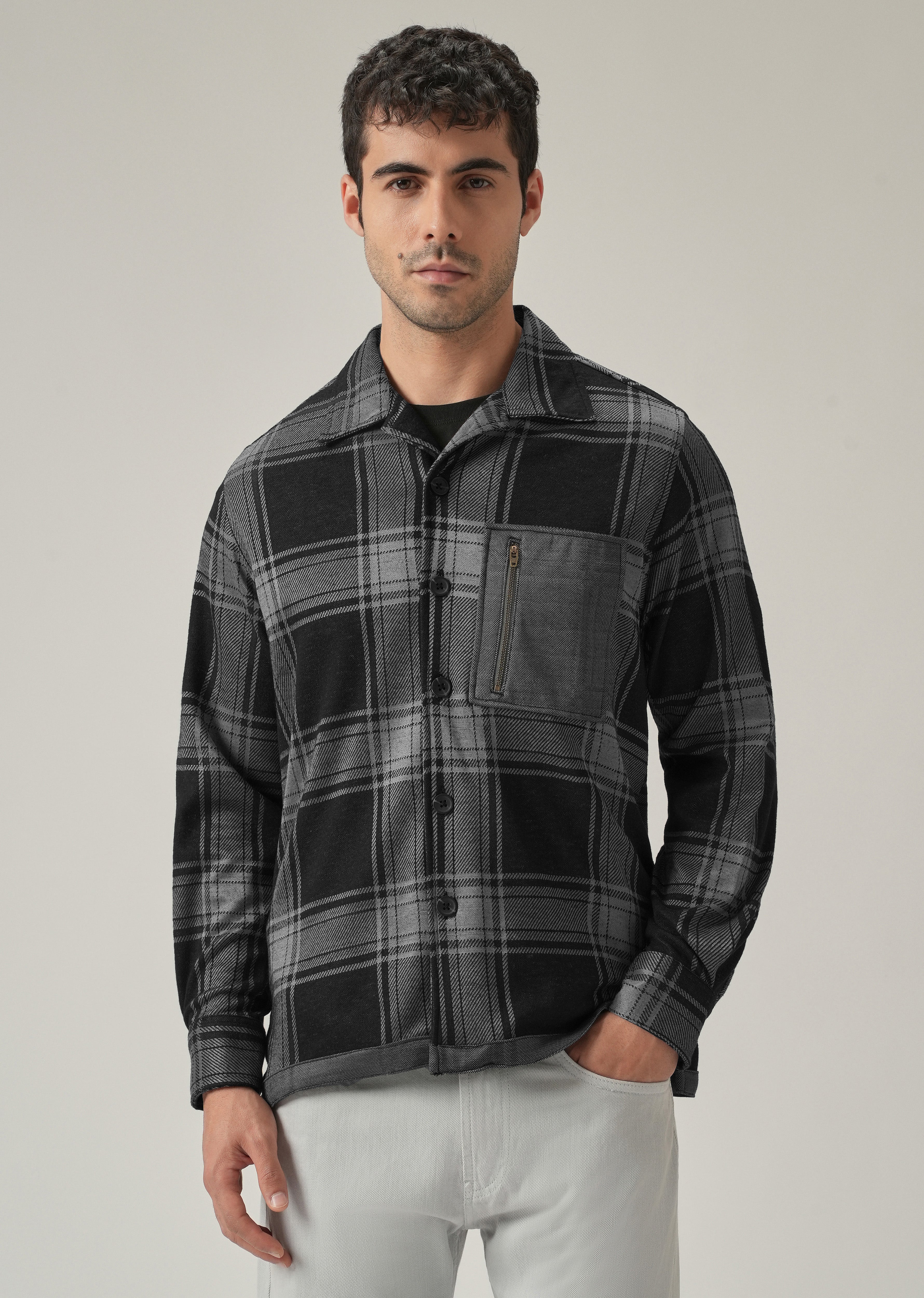 Grey Plaid Zip Pocket Shacket