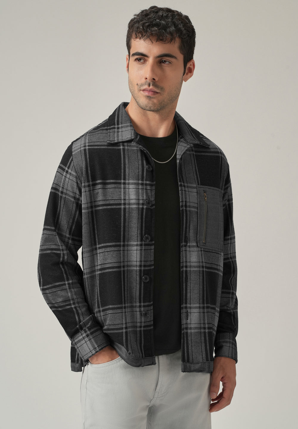 Grey Plaid Zip Pocket Shacket