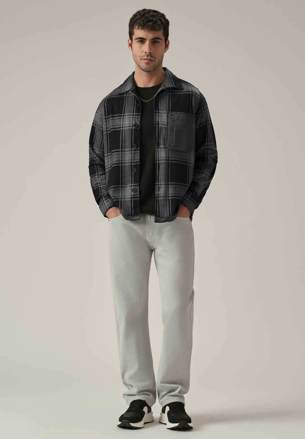 Grey Plaid Zip Pocket Shacket