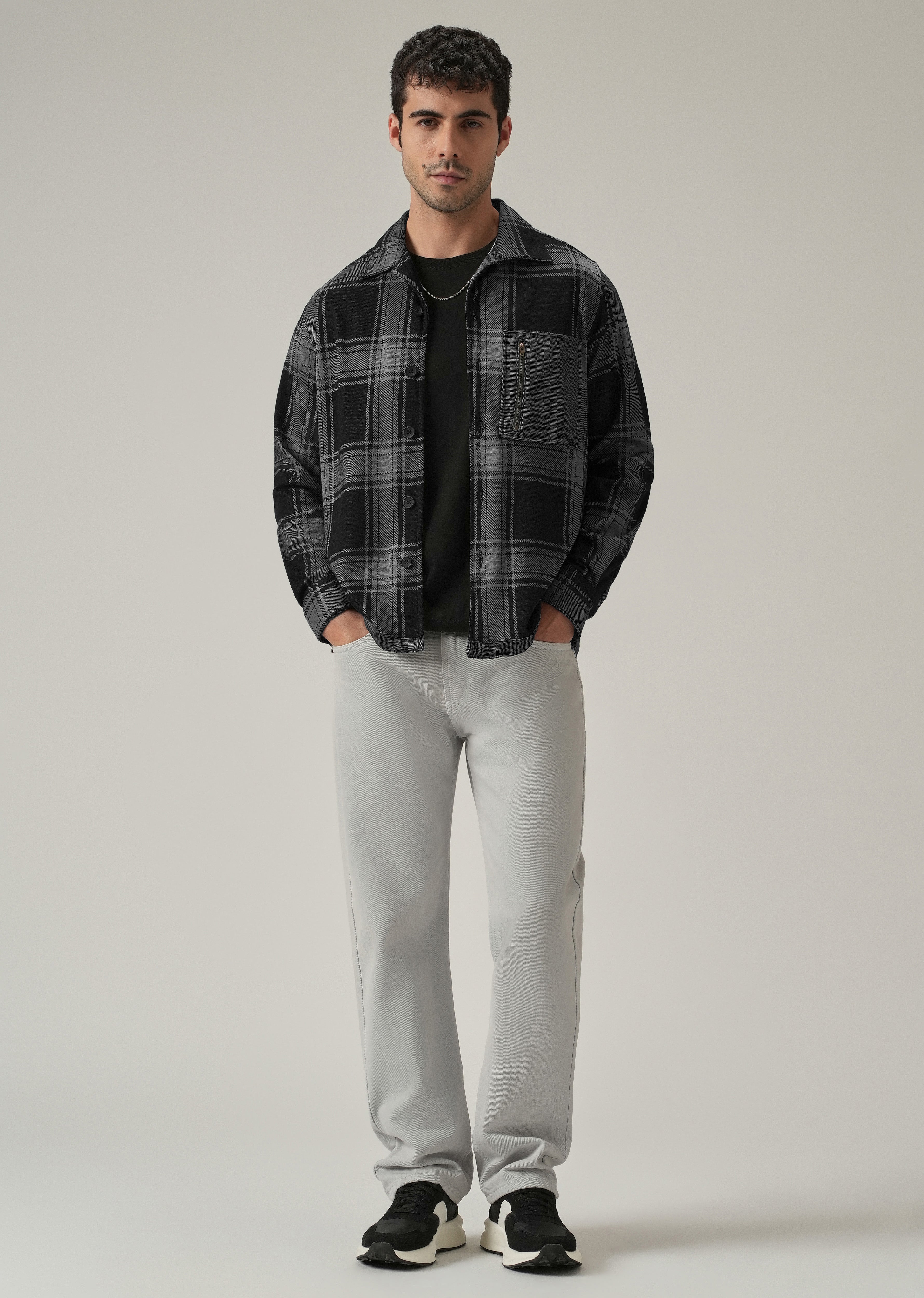 Grey Plaid Zip Pocket Shacket