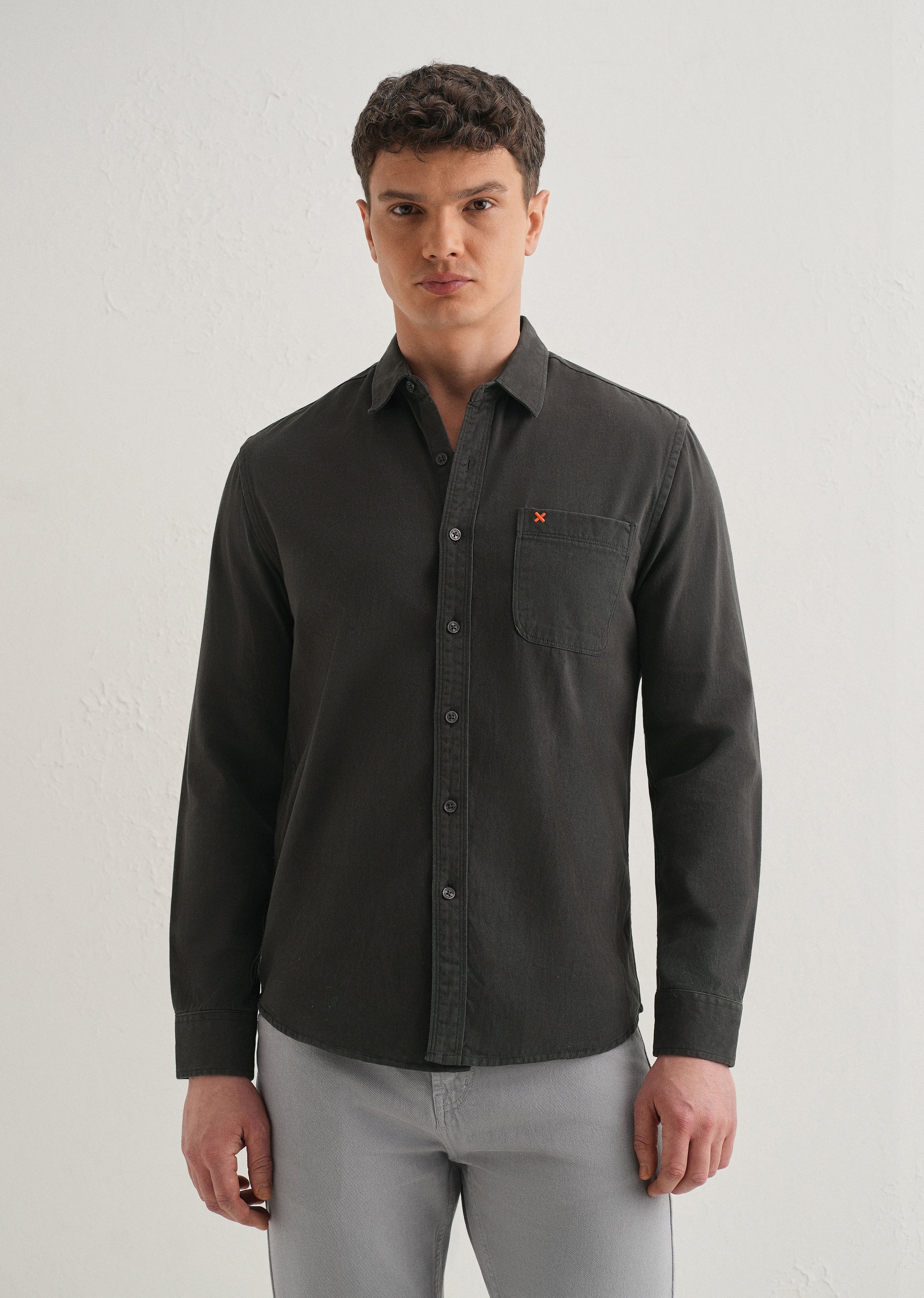 Grey Plain Cotton Single Pocket Shirt
