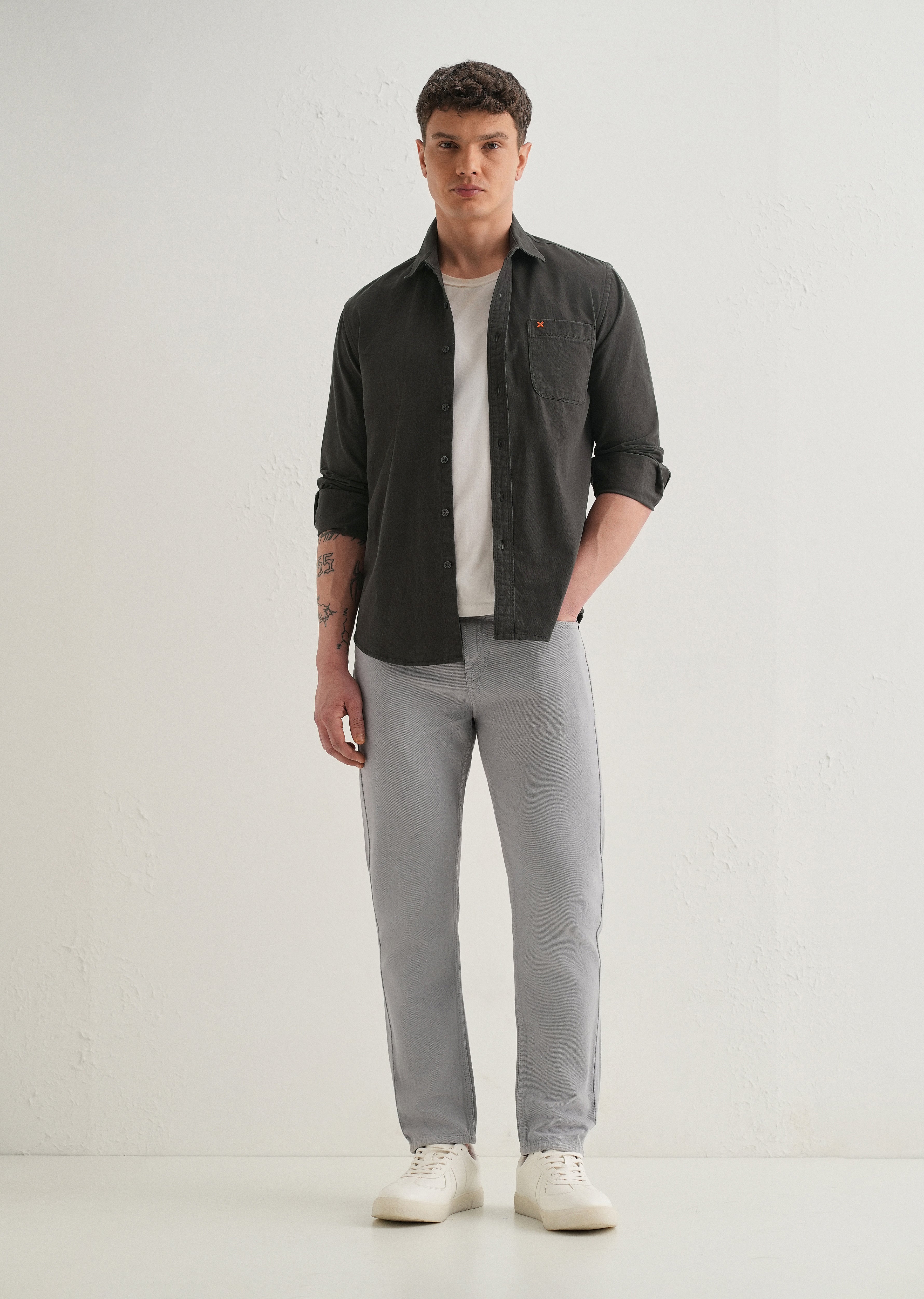 Grey Plain Cotton Single Pocket Shirt