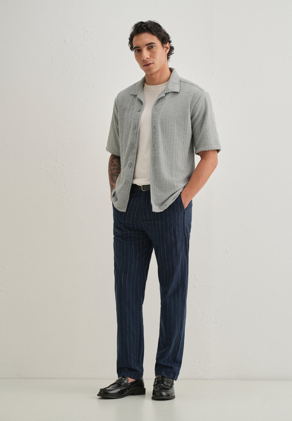 Grey Plain Cuban Collar Knitted Shirt