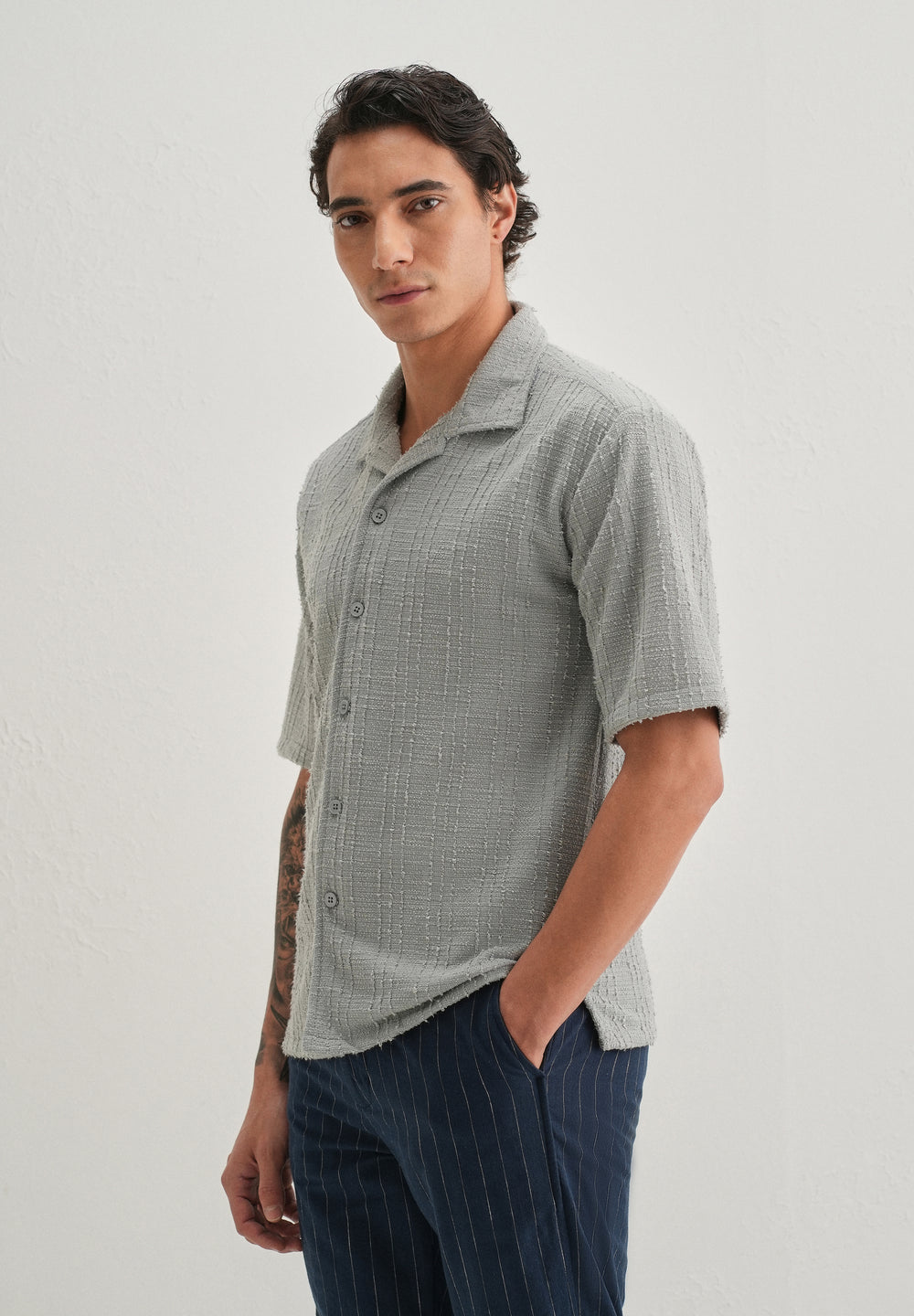 Grey Plain Cuban Collar Knitted Shirt