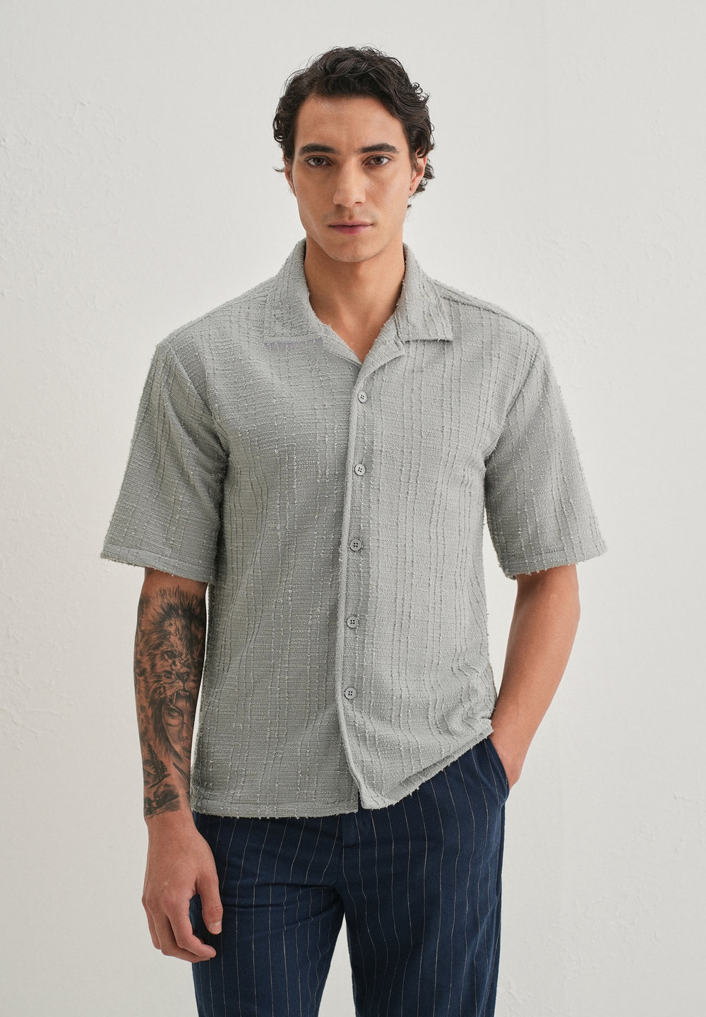 Grey Plain Cuban Collar Knitted Shirt
