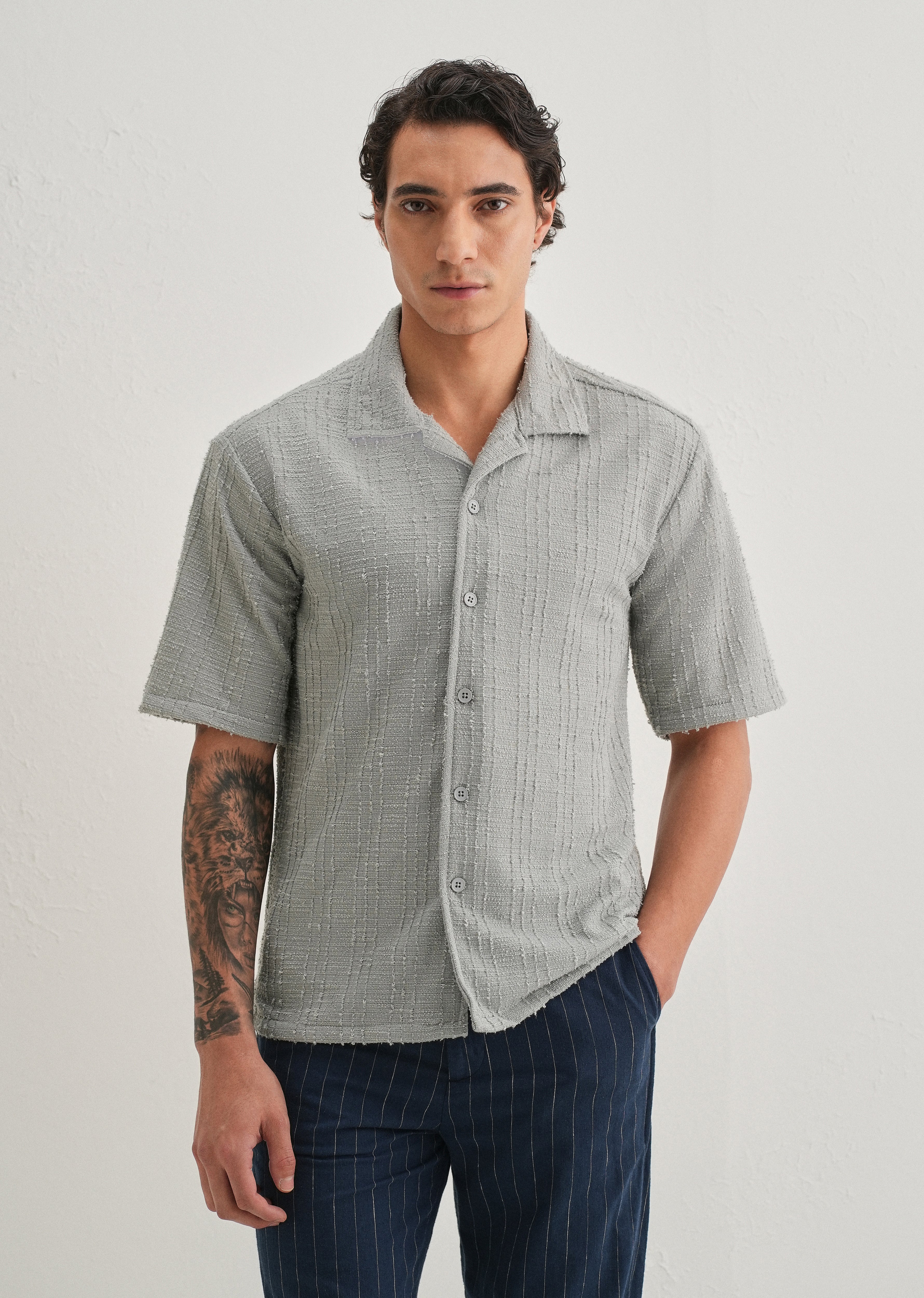 Grey Plain Cuban Collar Knitted Shirt
