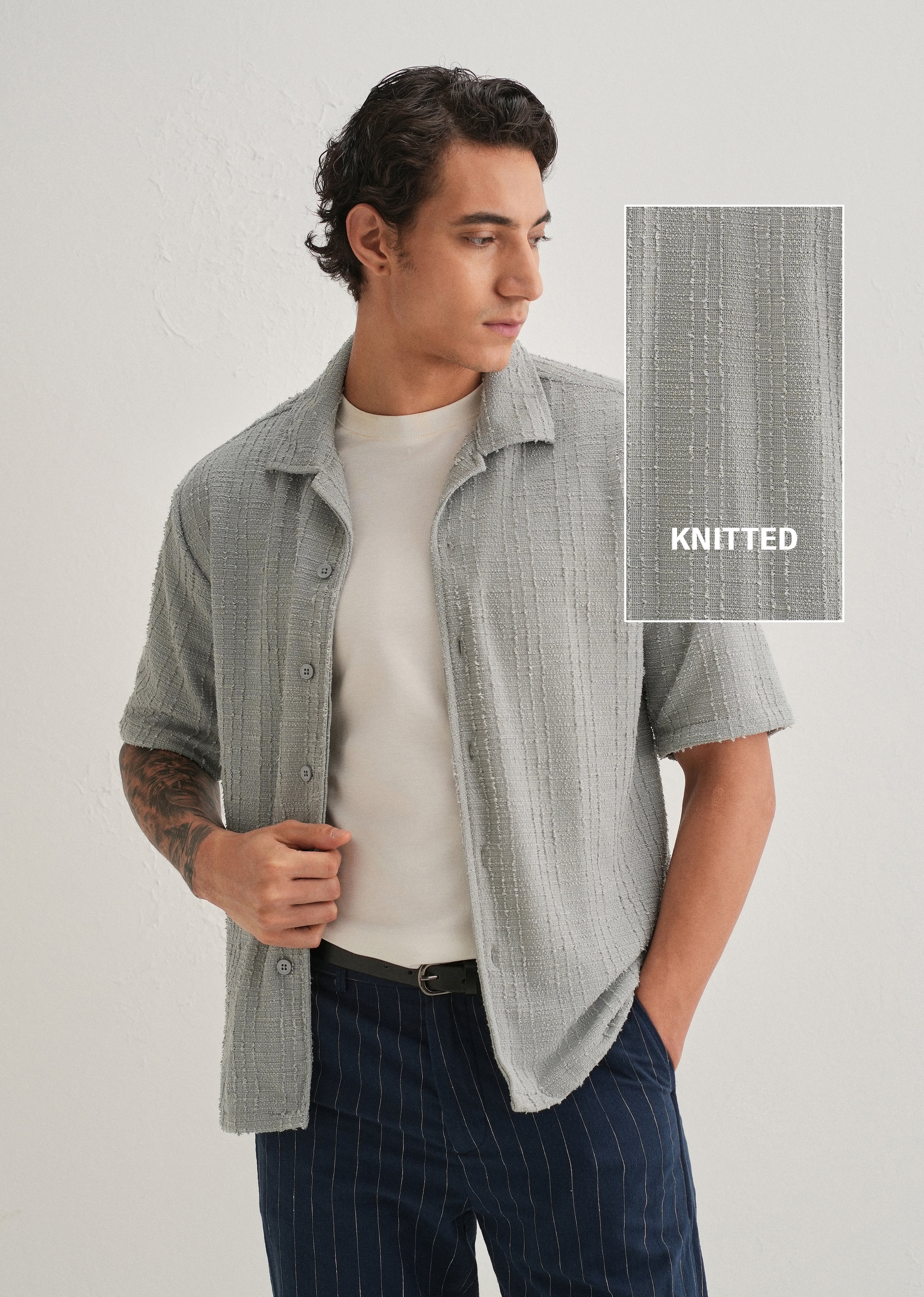 Grey Plain Cuban Collar Knitted Shirt