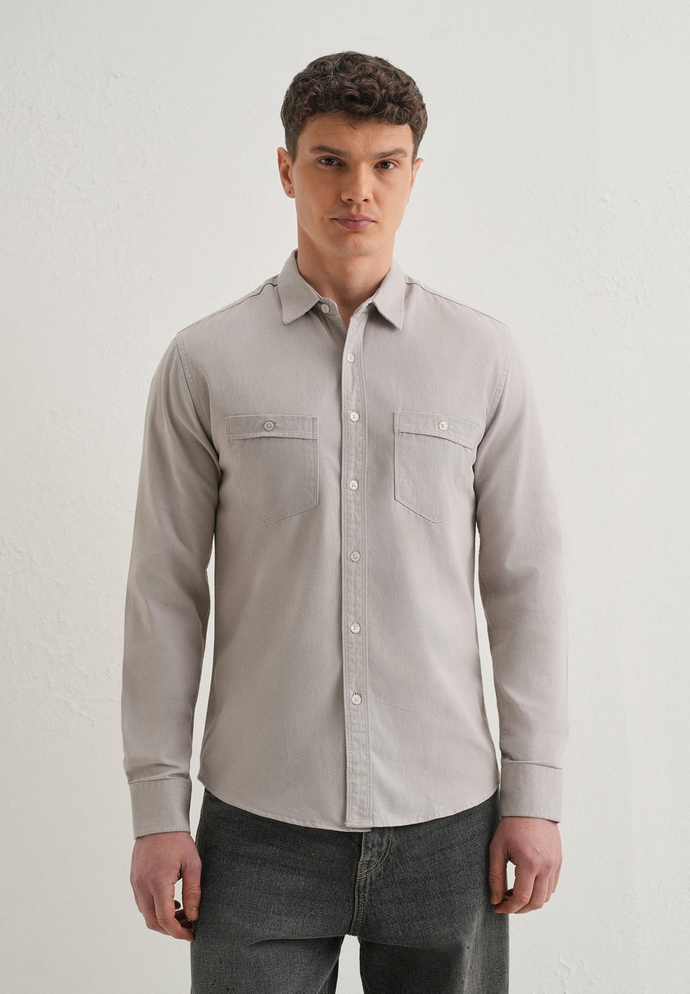 Grey Plain Double Pocket Shirt