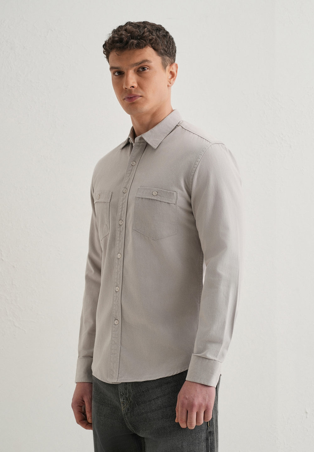 Grey Plain Double Pocket Shirt