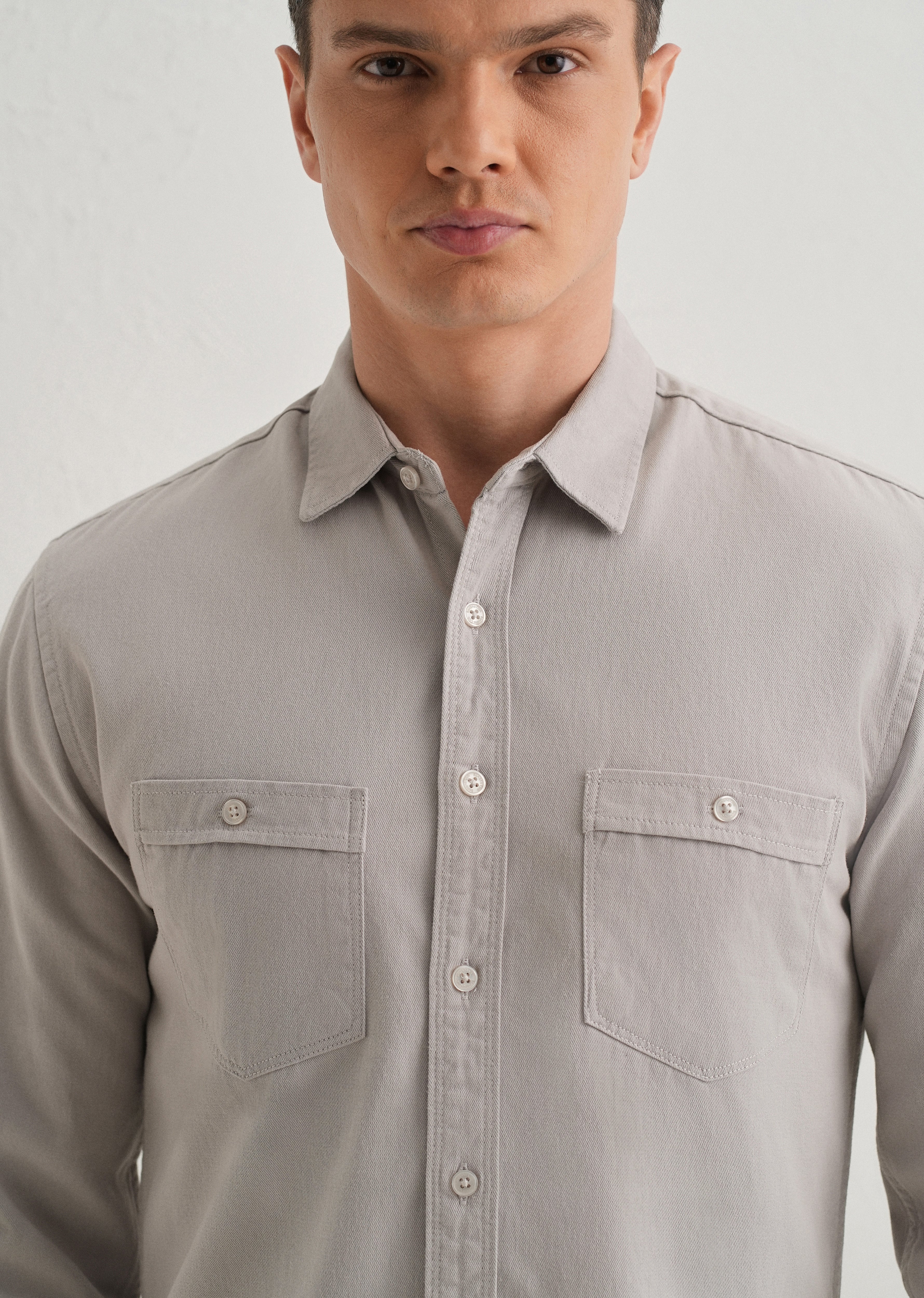 Grey Plain Double Pocket Shirt