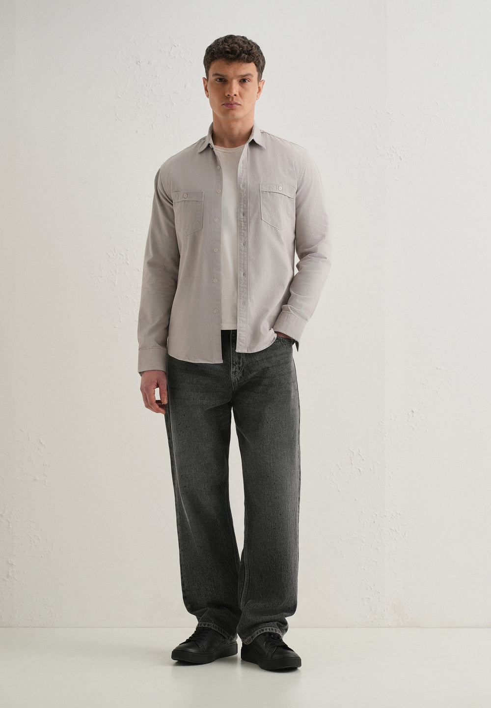 Grey Plain Double Pocket Shirt