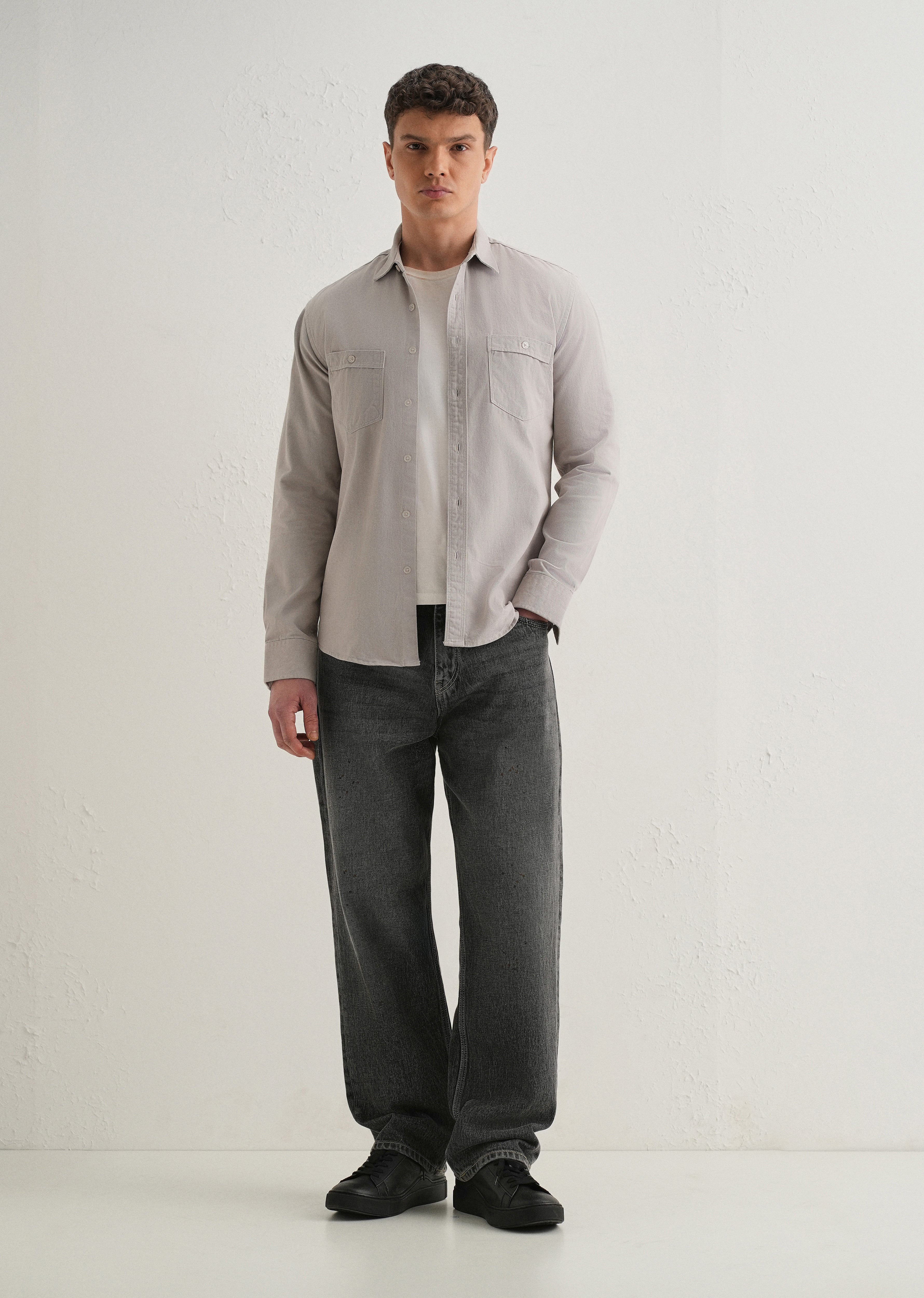 Grey Plain Double Pocket Shirt