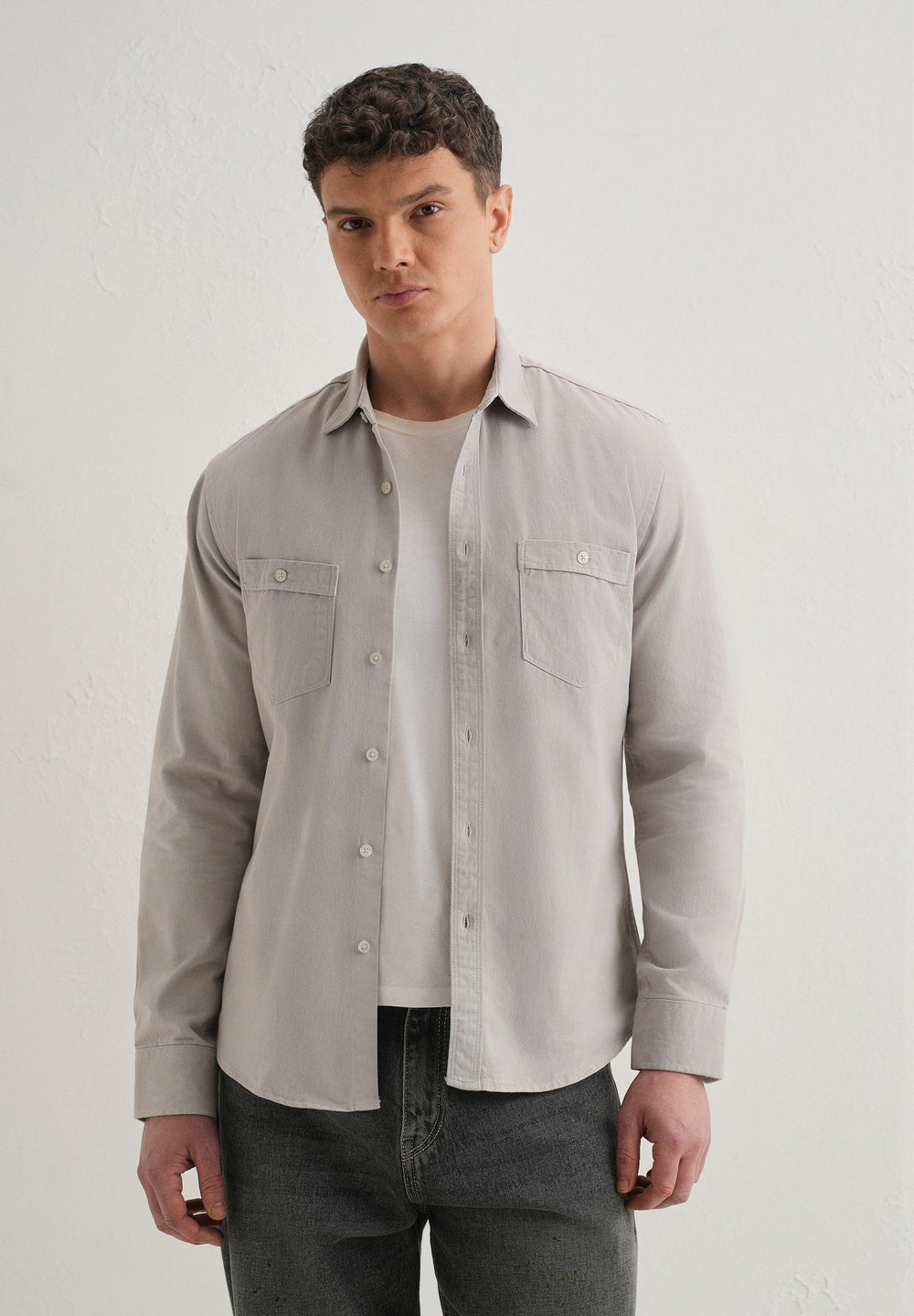 Grey Plain Double Pocket Shirt
