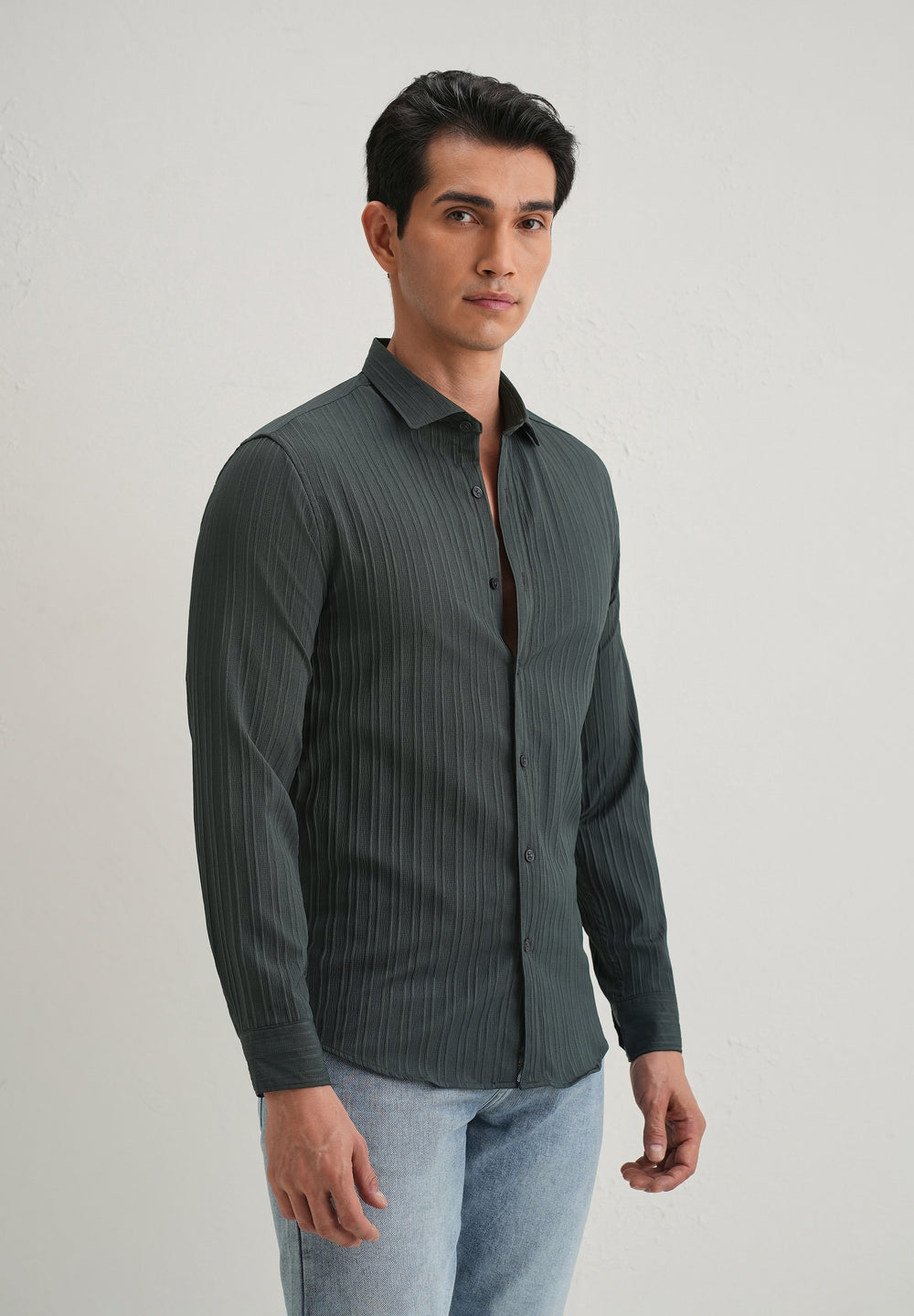 Grey Plain Self Striped Shirt