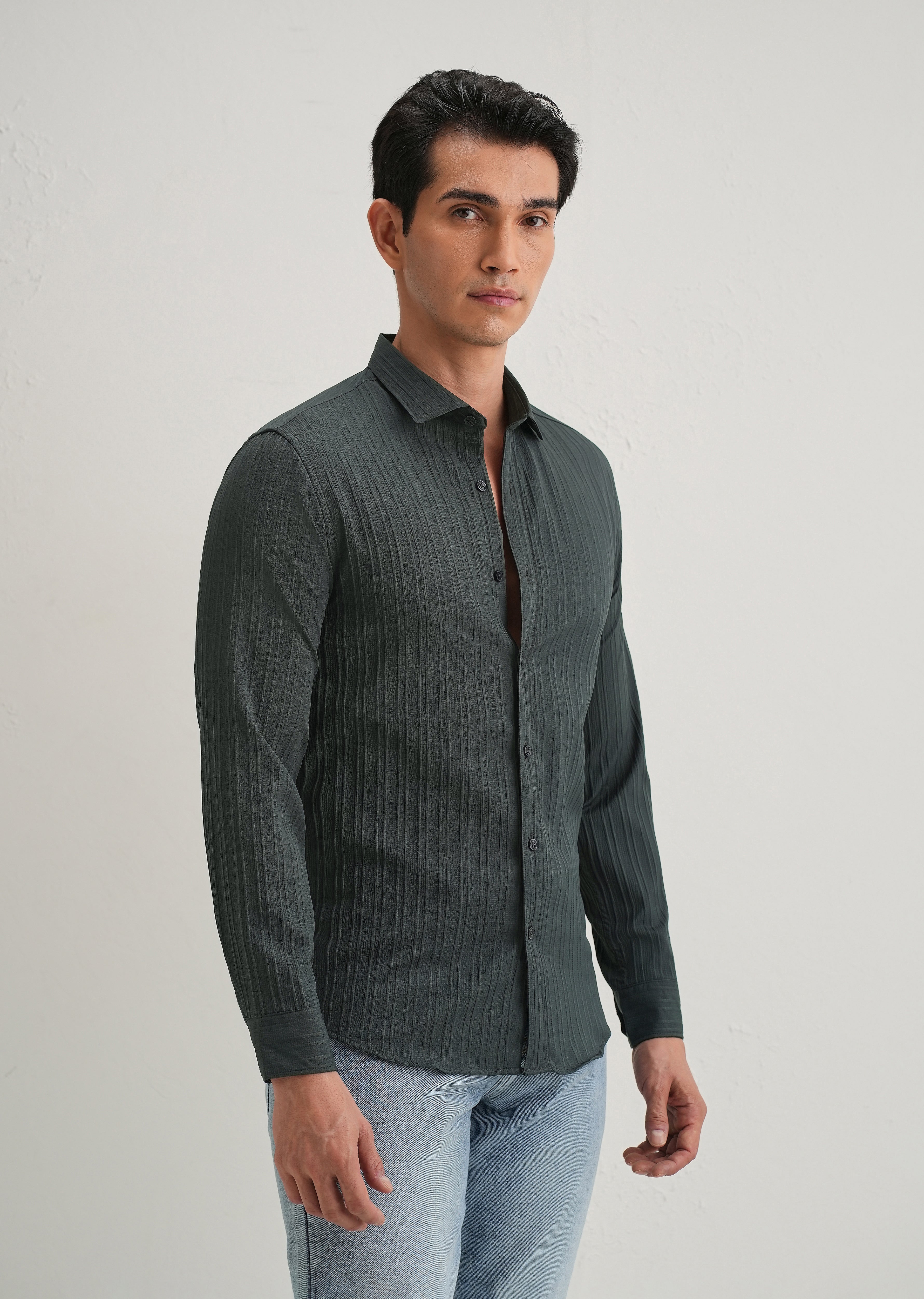 Grey Plain Self Striped Shirt