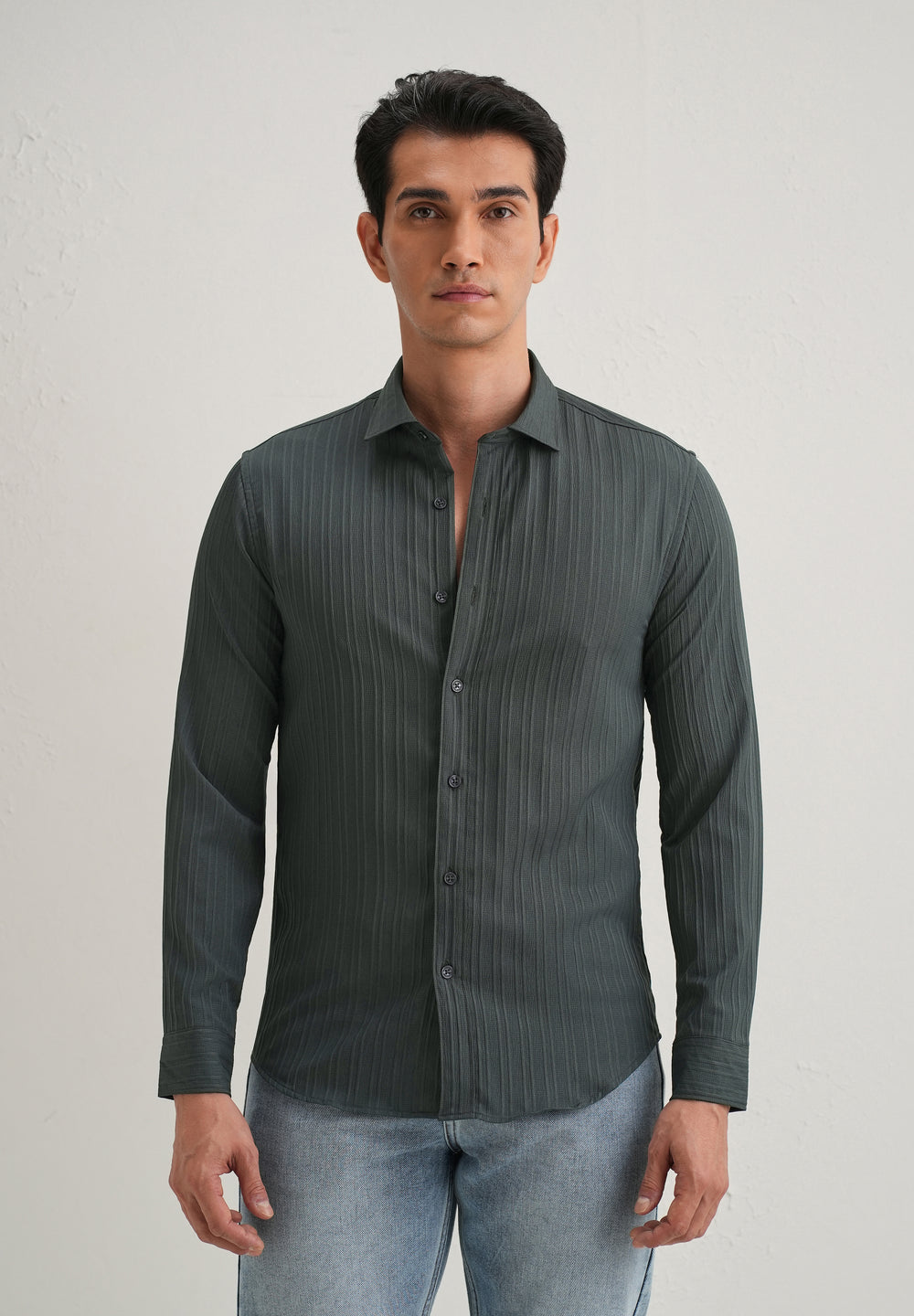 Grey Plain Self Striped Shirt