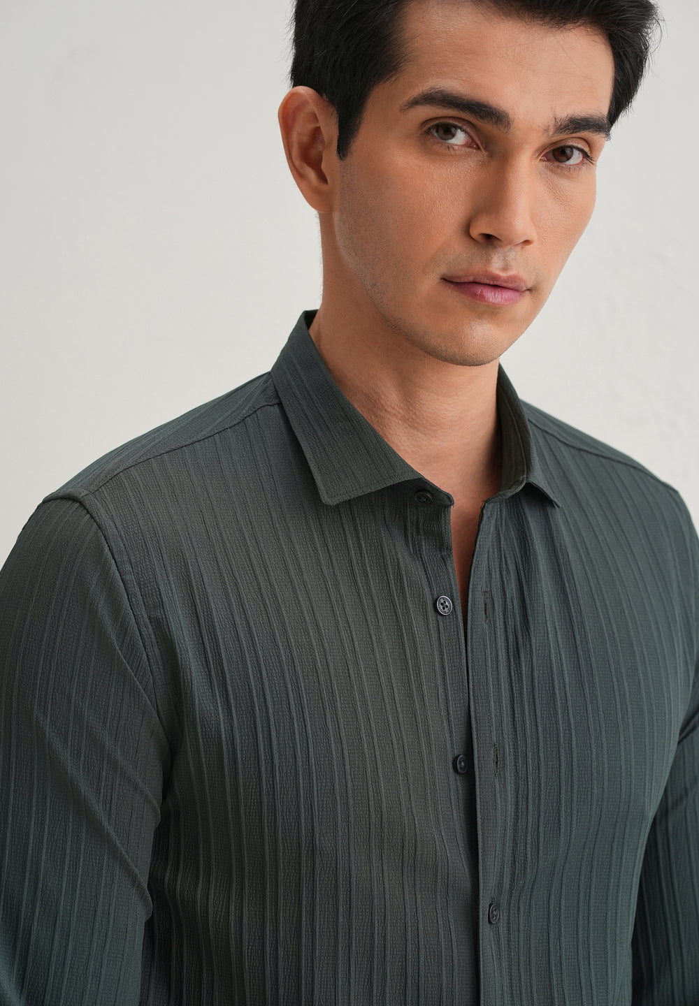 Grey Plain Self Striped Shirt