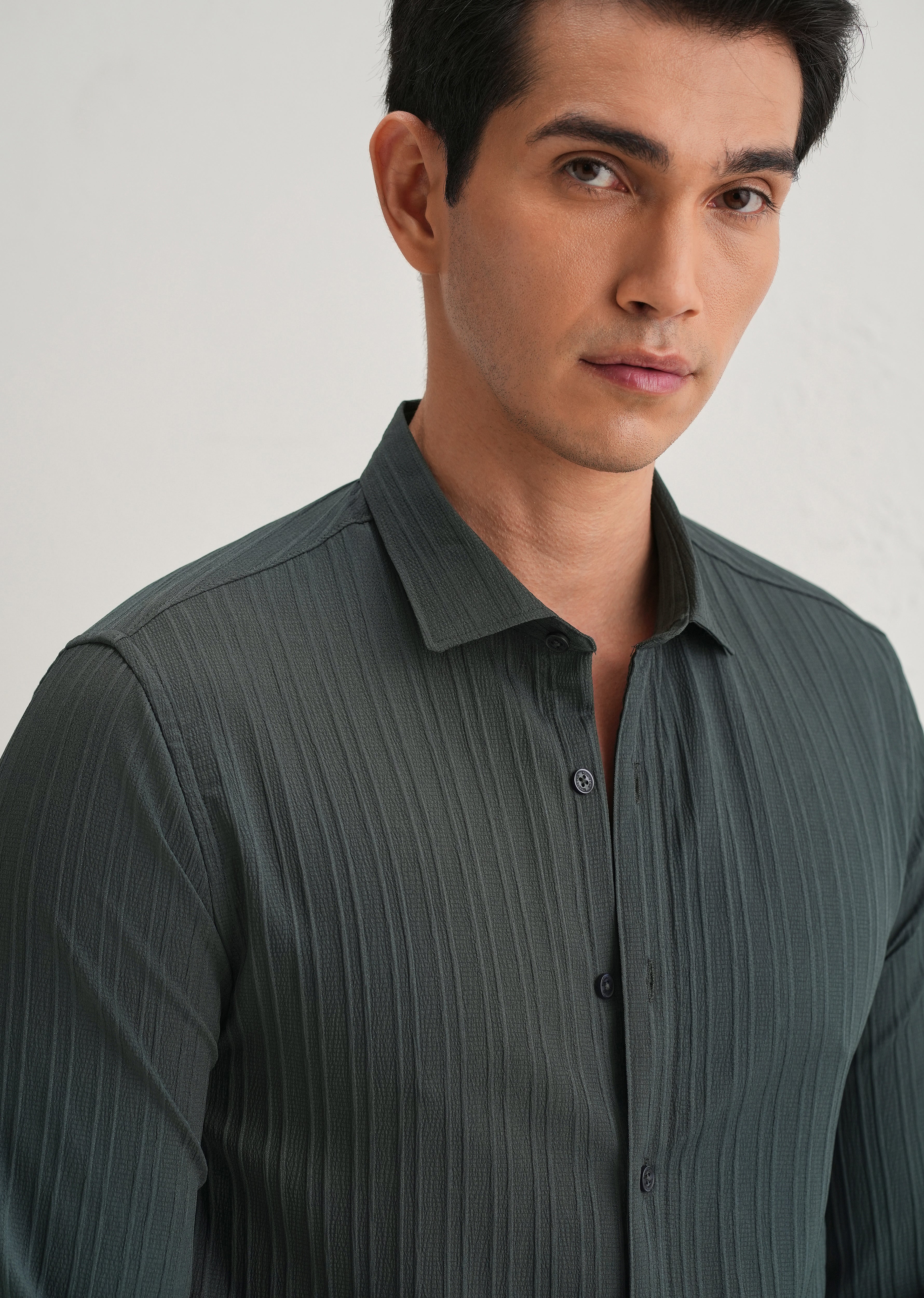 Grey Plain Self Striped Shirt
