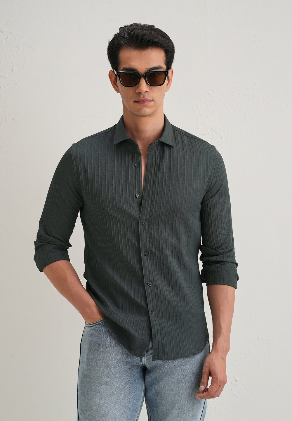 Grey Plain Self Striped Shirt