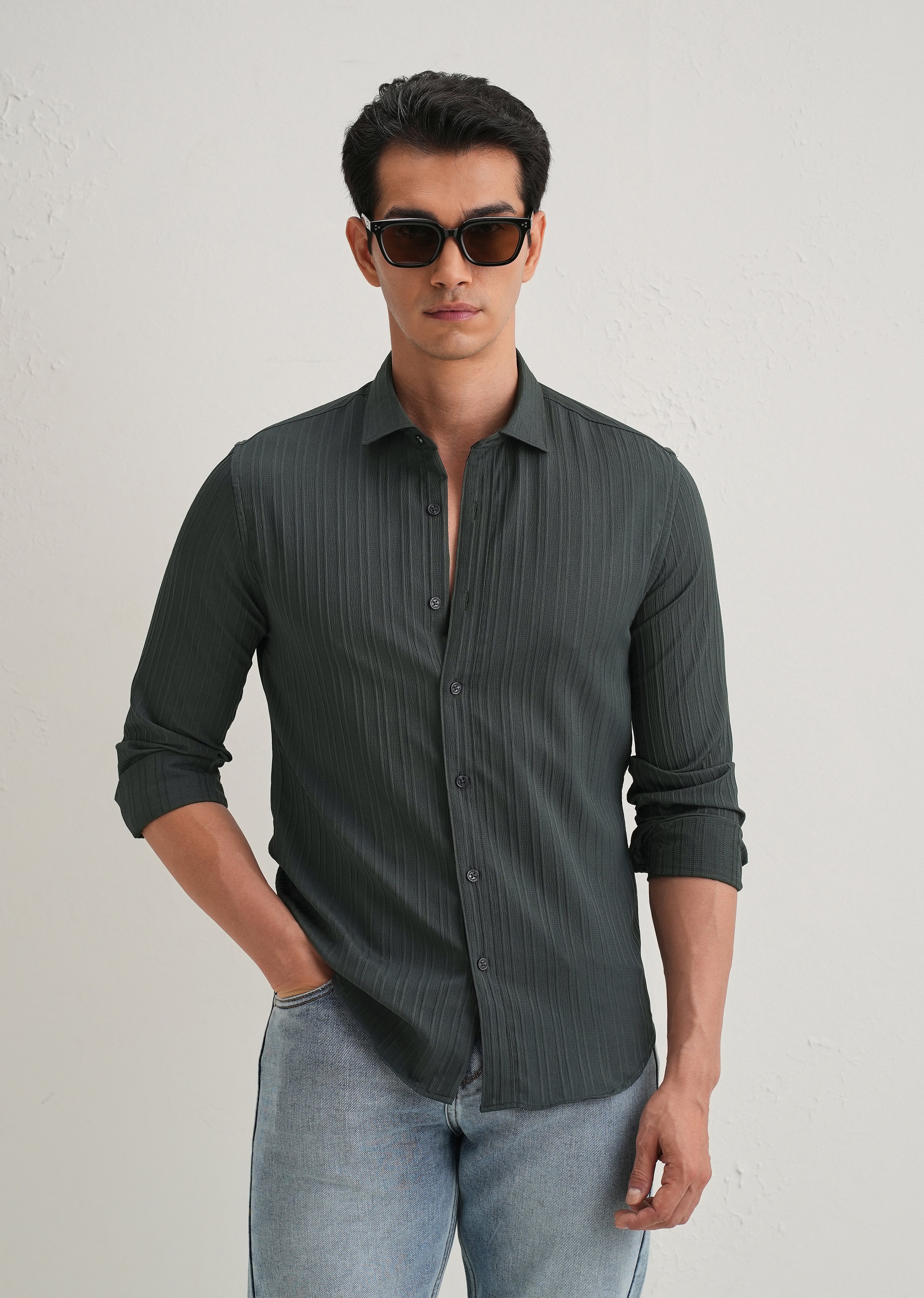 Grey Plain Self Striped Shirt