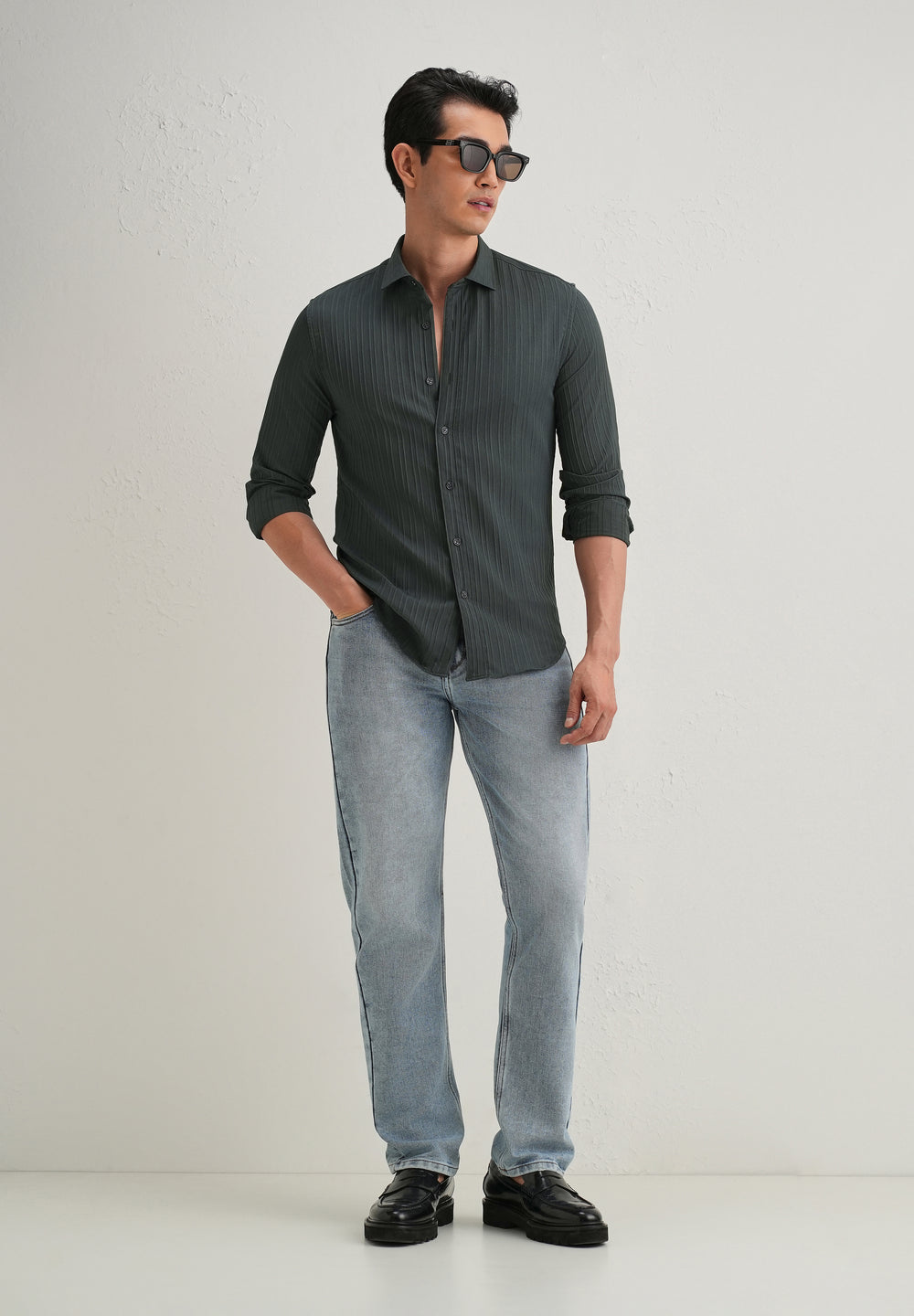Grey Plain Self Striped Shirt