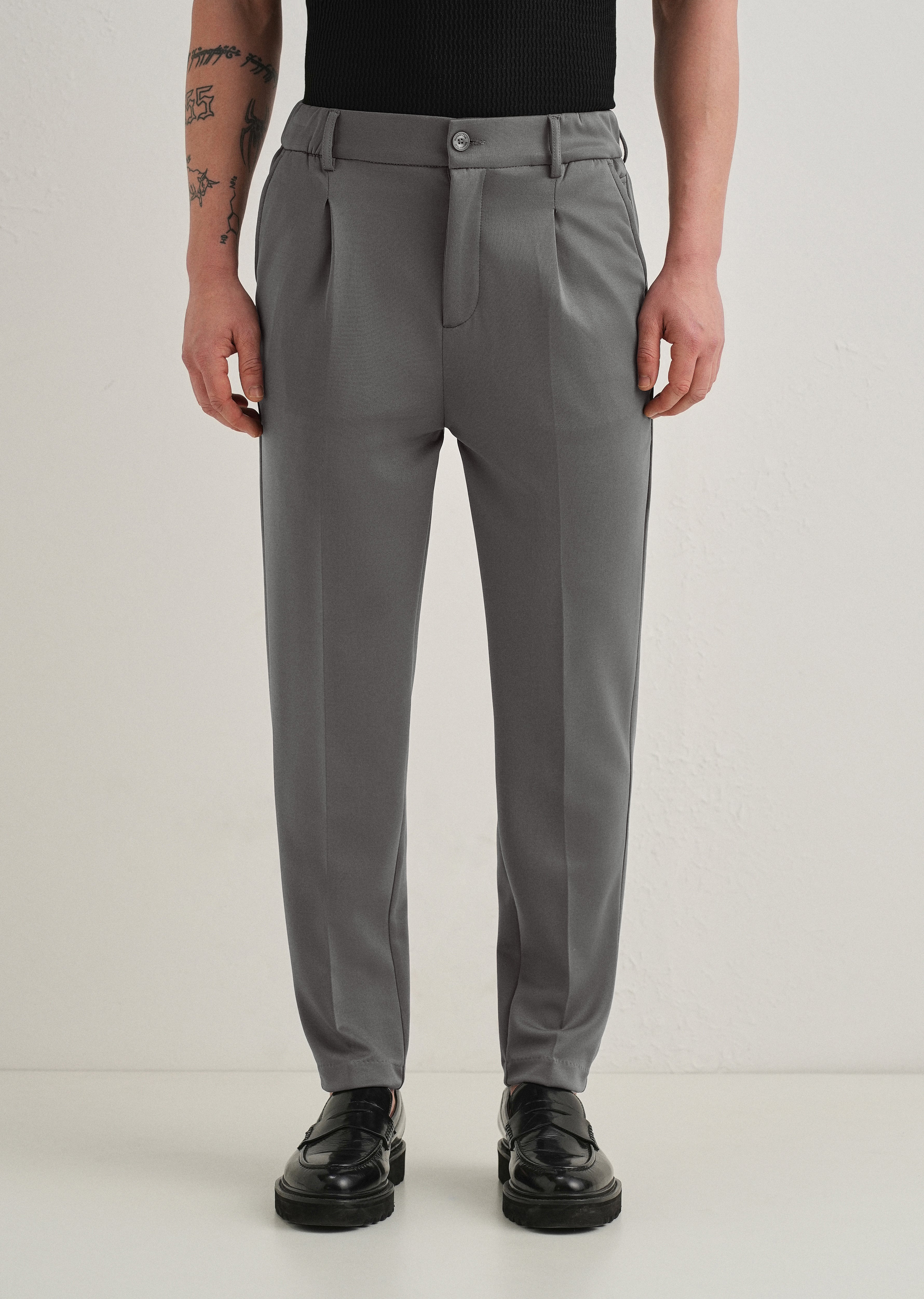 Grey Pleated Relaxed Fit Trousers