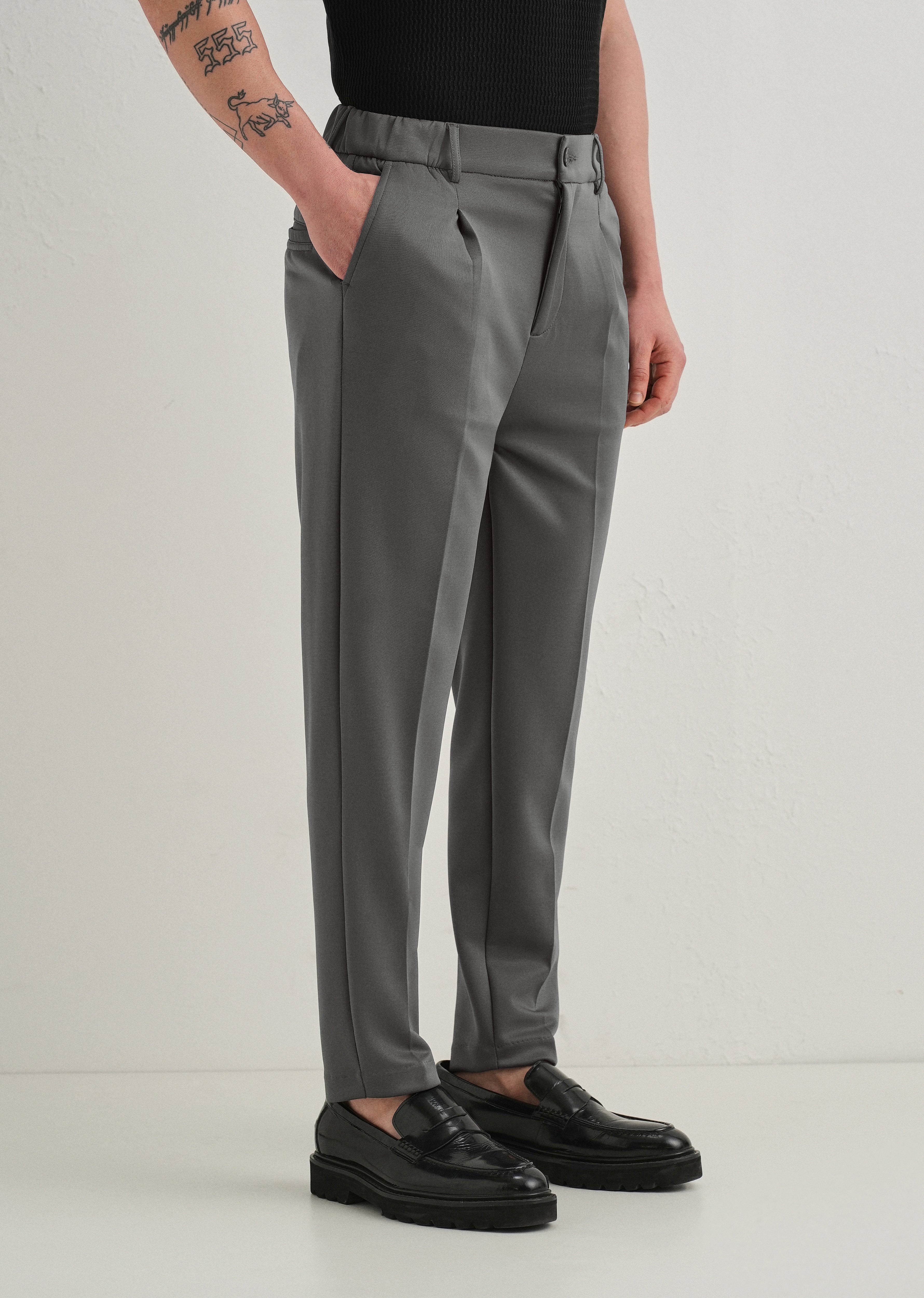 Grey Pleated Relaxed Fit Trousers