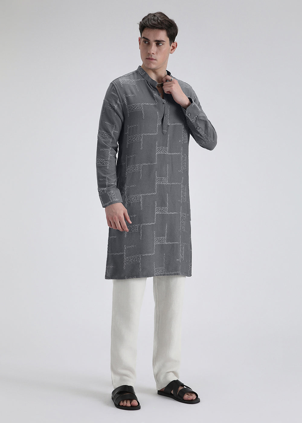 Grey Self Embroidered Kurta