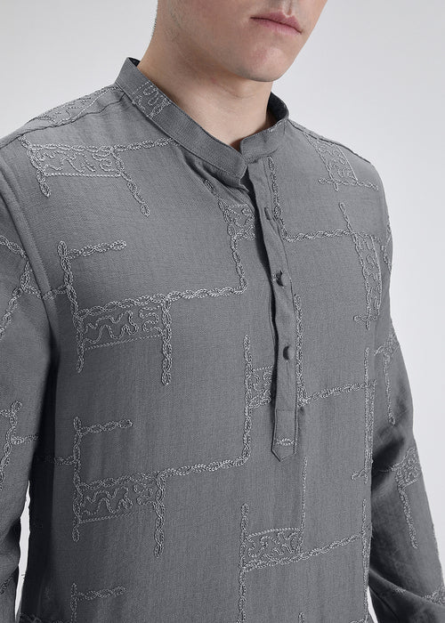 Grey Self Embroidered Kurta