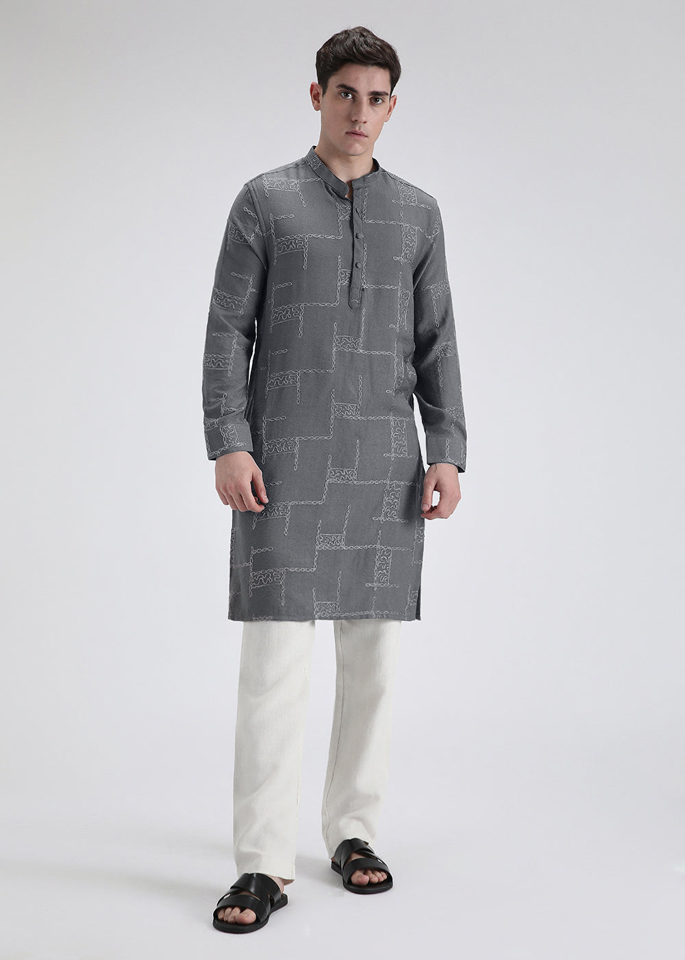 Grey Self Embroidered Kurta