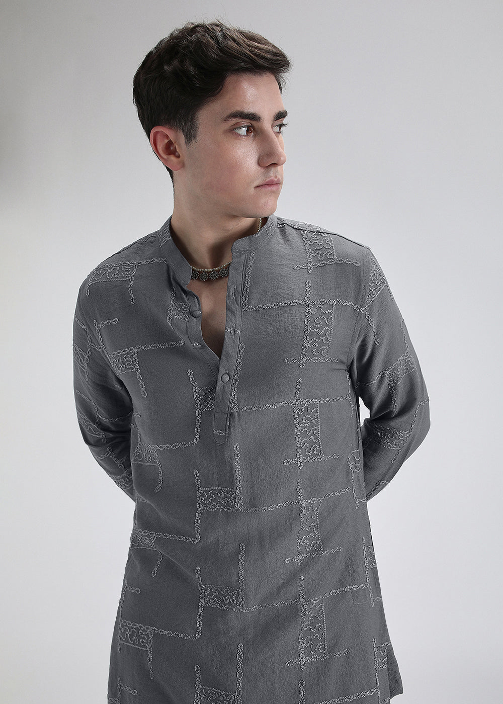 Grey Self Embroidered Kurta