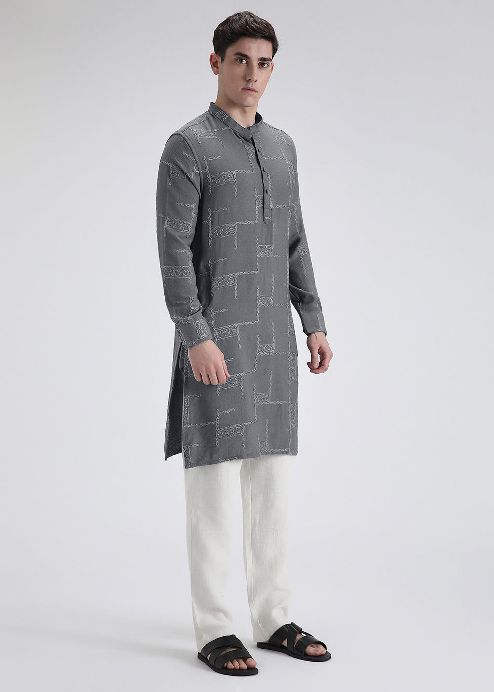 Grey Self Embroidered Kurta