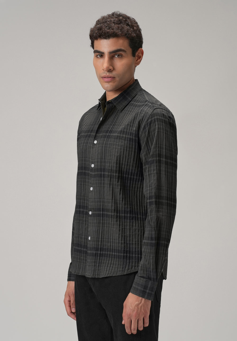 Self Pleat Grey Check Shirt